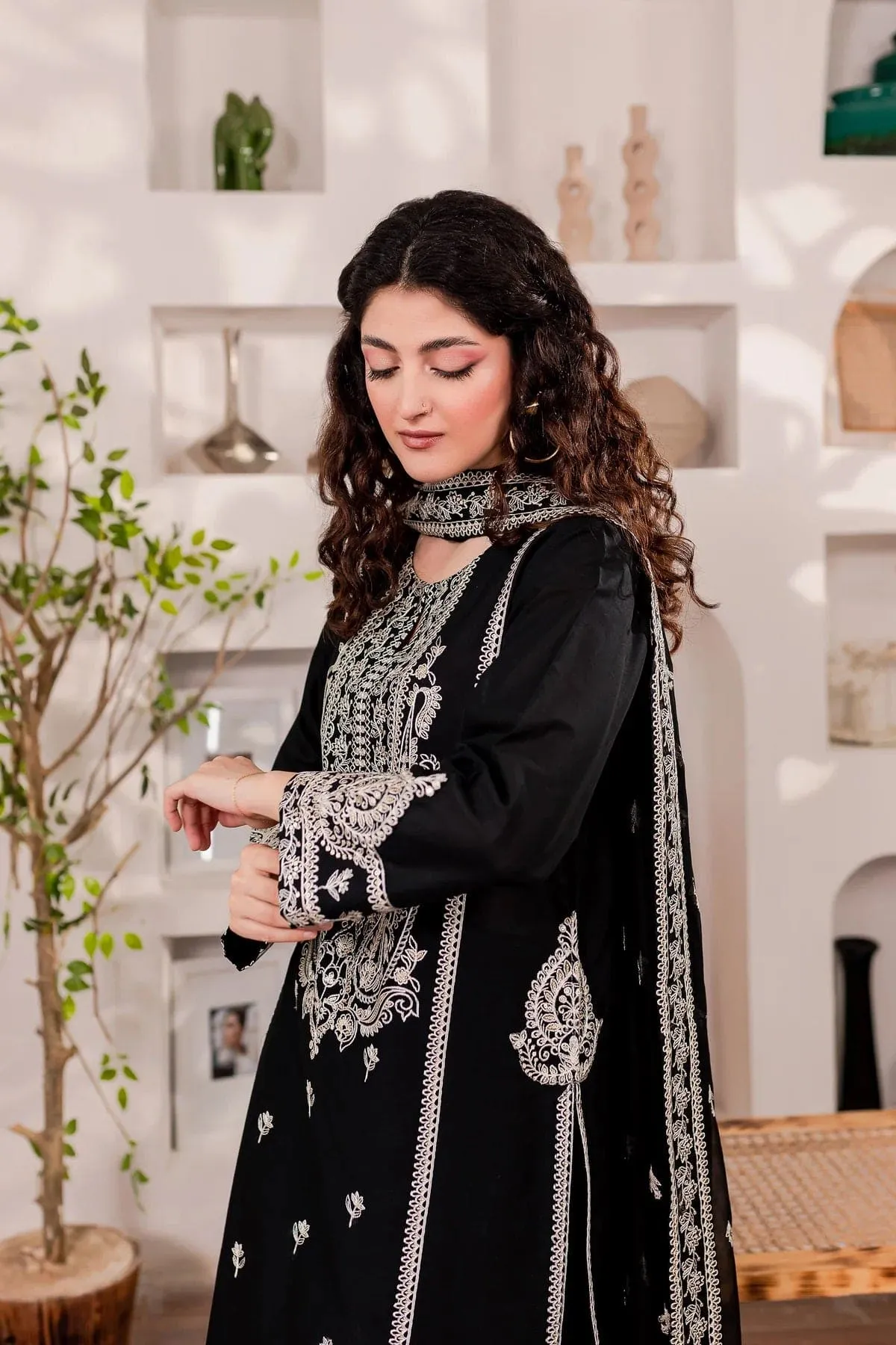 3-Pc Monochrome Sequin Embroidered Set.
