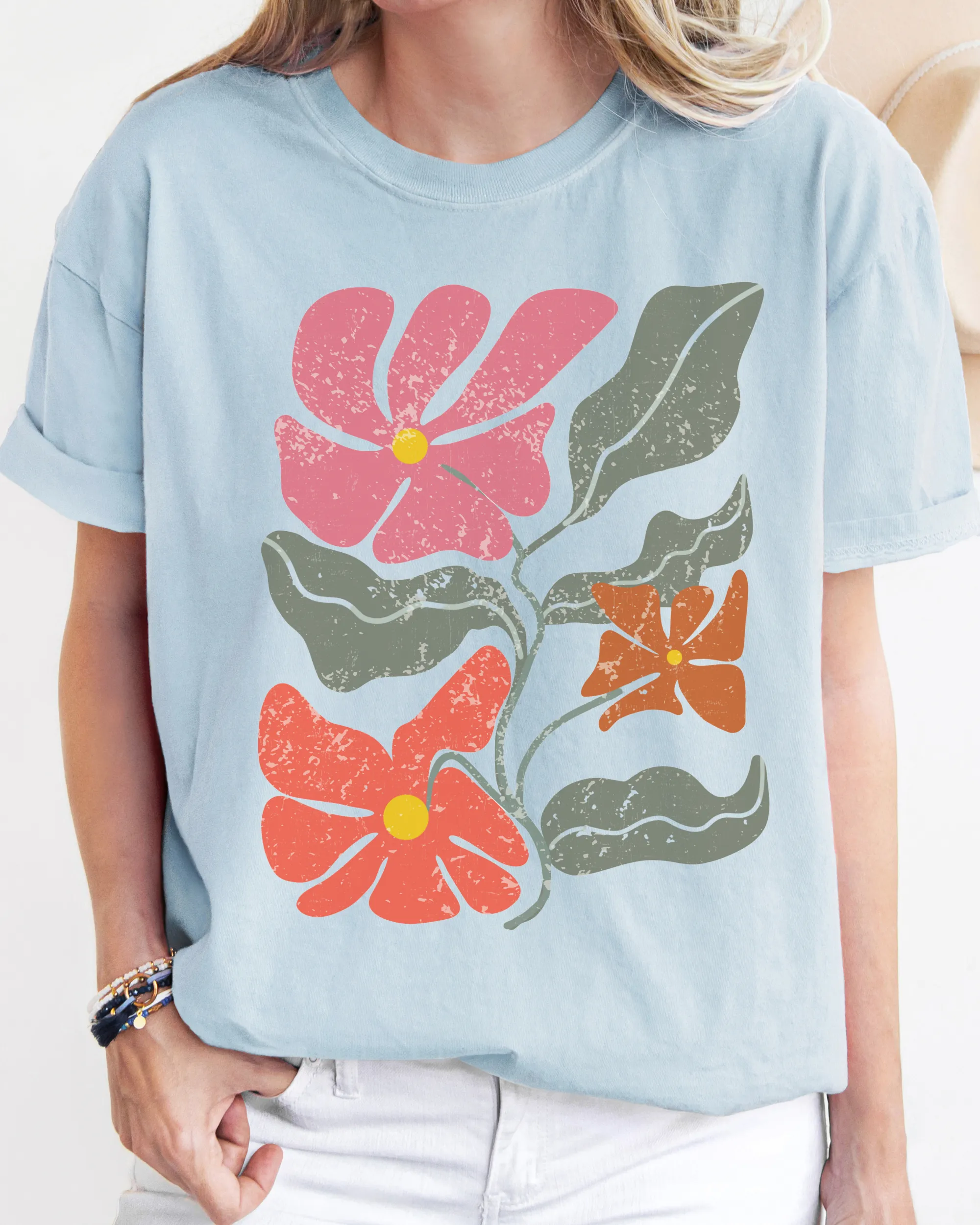 Abstract Boho Flowers Comfort Colors T-Shirt, Women's Boho Distressed-Look Design, Folk Art Design T-Shirtf