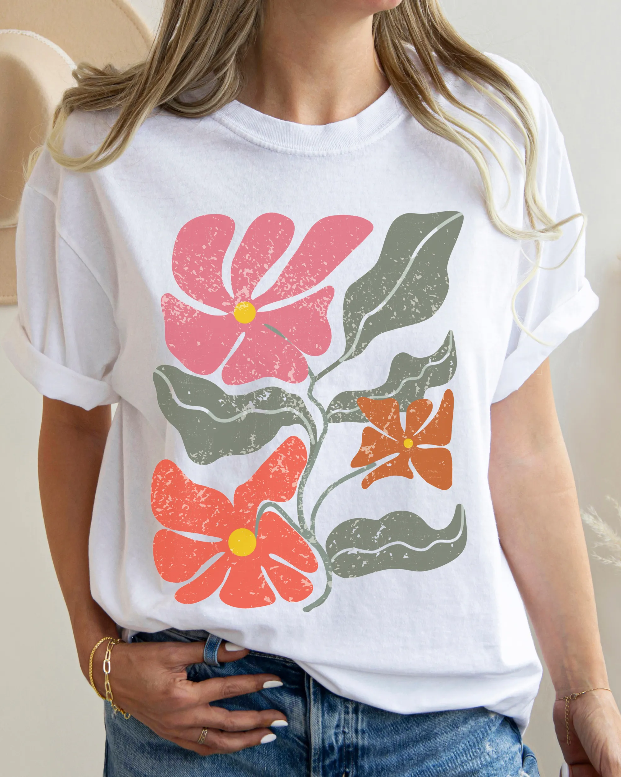 Abstract Boho Flowers Comfort Colors T-Shirt, Women's Boho Distressed-Look Design, Folk Art Design T-Shirtf