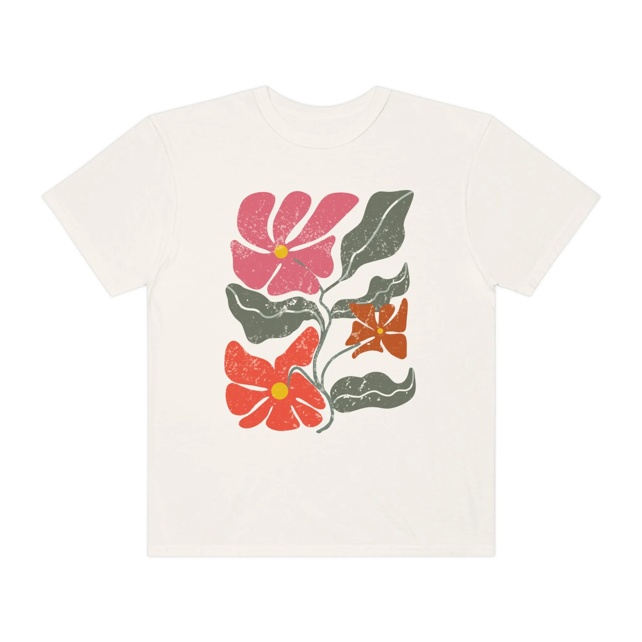 Abstract Boho Flowers Comfort Colors T-Shirt, Women's Boho Distressed-Look Design, Folk Art Design T-Shirtf