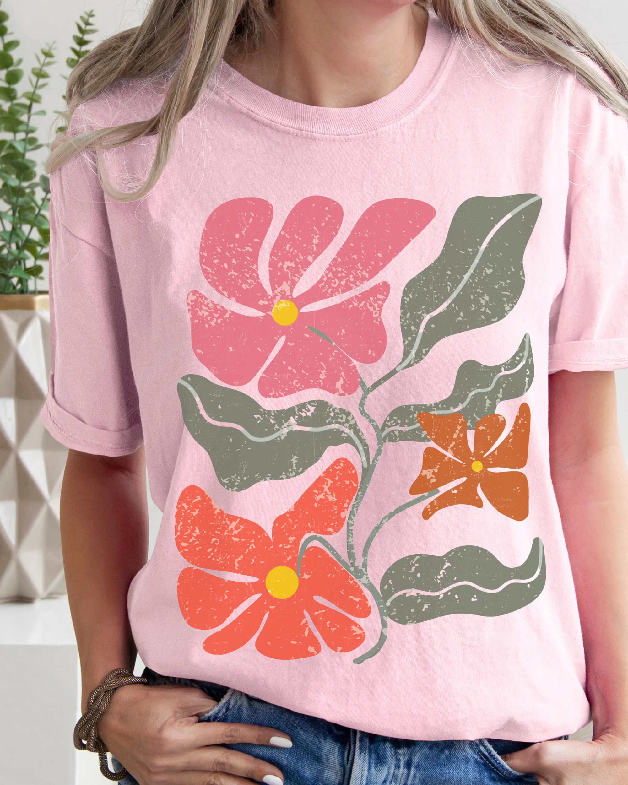 Abstract Boho Flowers Comfort Colors T-Shirt, Women's Boho Distressed-Look Design, Folk Art Design T-Shirtf