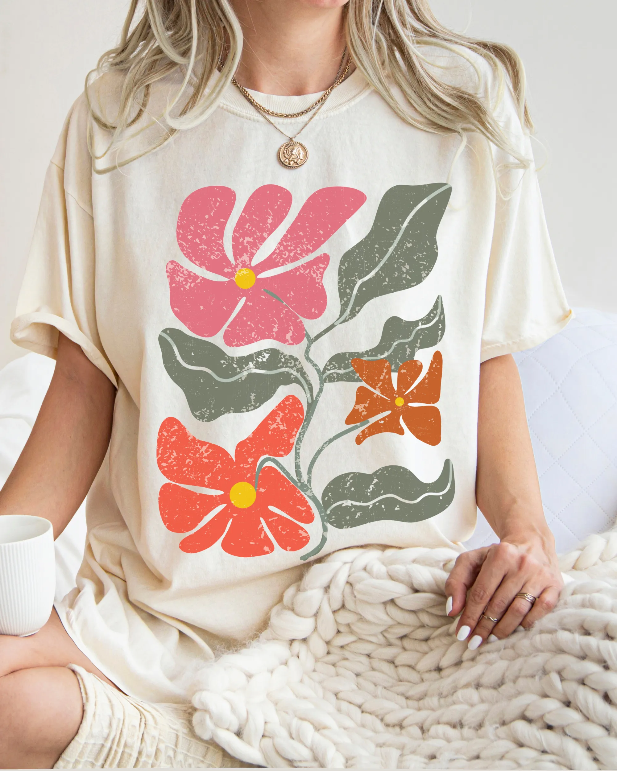 Abstract Boho Flowers Comfort Colors T-Shirt, Women's Boho Distressed-Look Design, Folk Art Design T-Shirtf