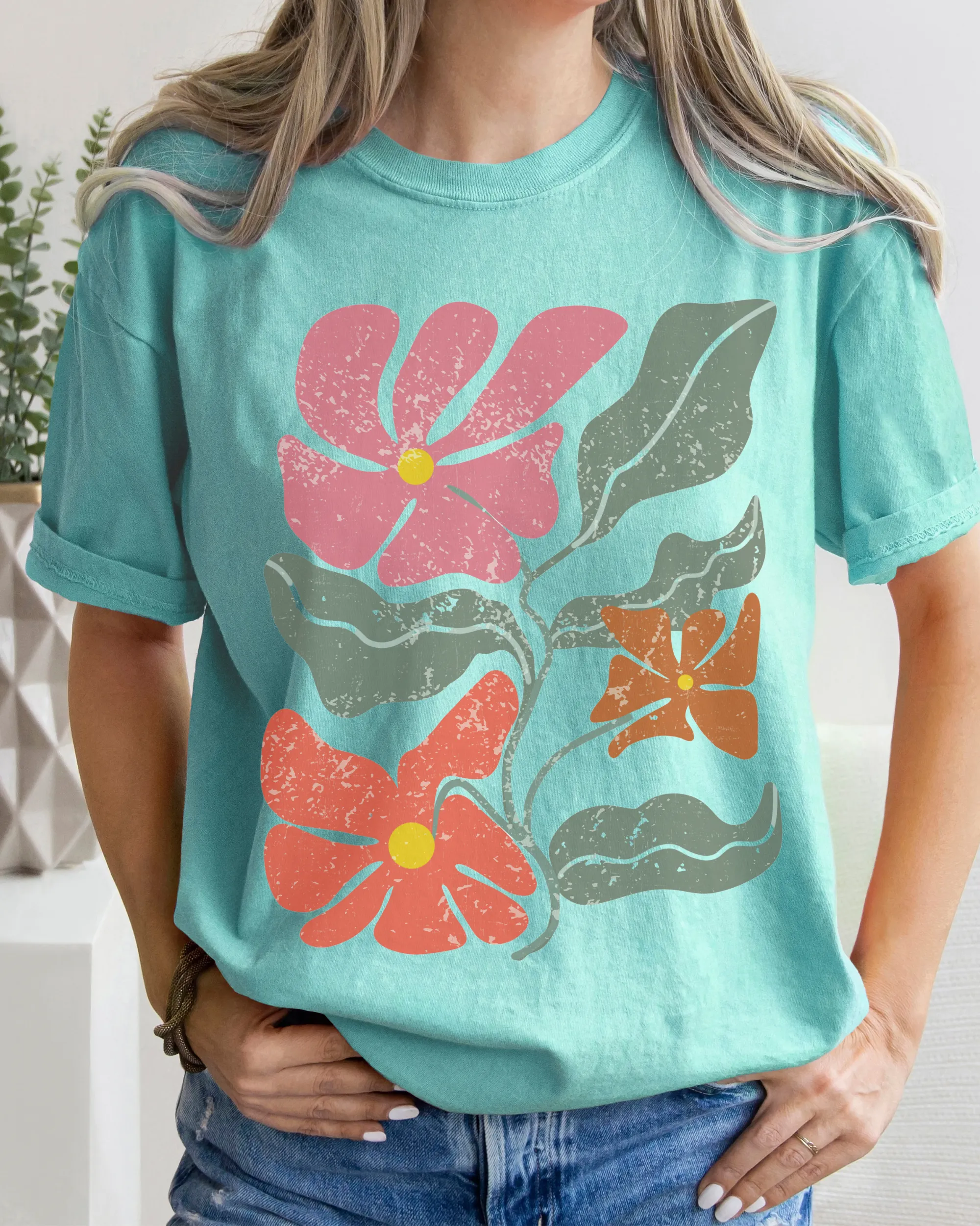 Abstract Boho Flowers Comfort Colors T-Shirt, Women's Boho Distressed-Look Design, Folk Art Design T-Shirtf