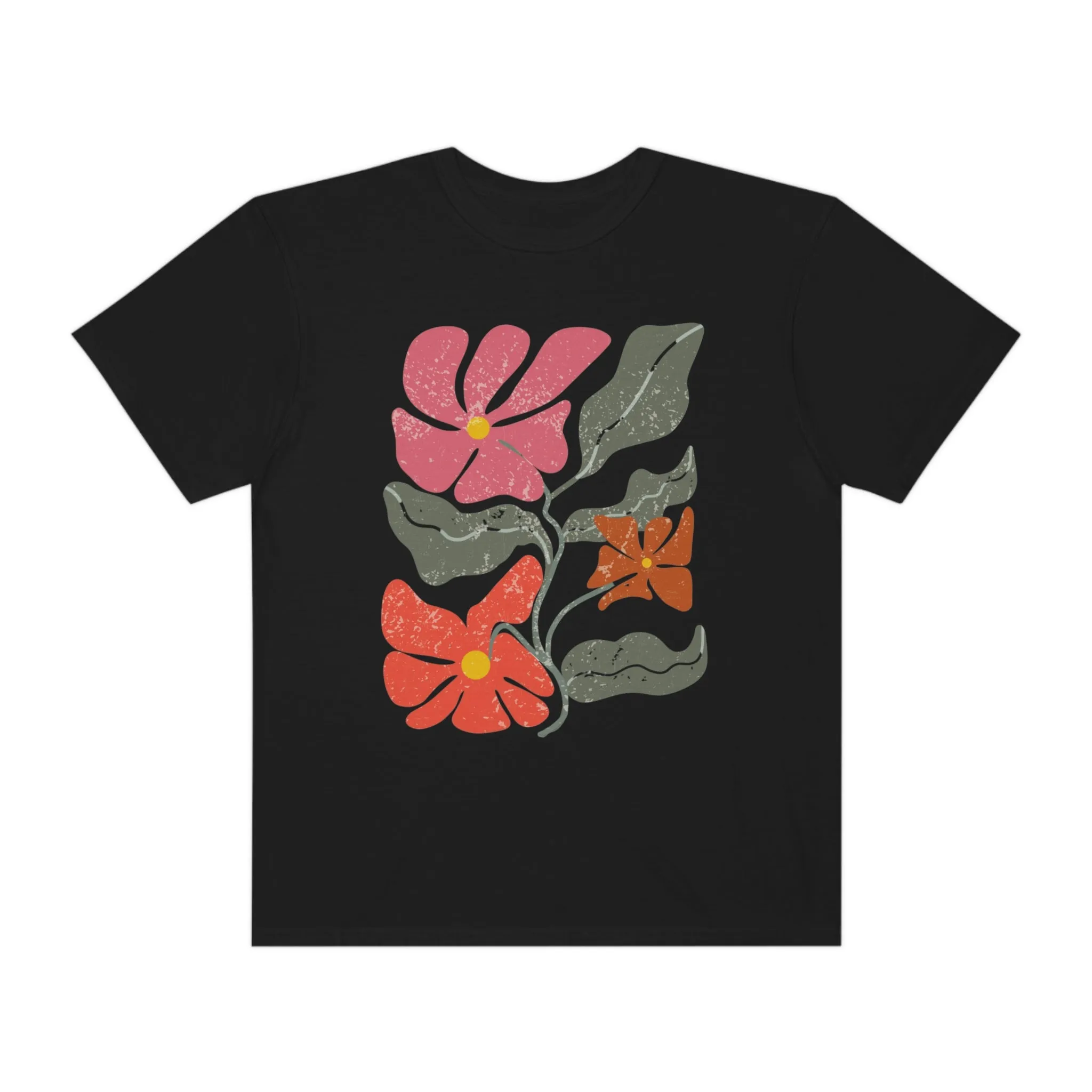 Abstract Boho Flowers Comfort Colors T-Shirt, Women's Boho Distressed-Look Design, Folk Art Design T-Shirtf