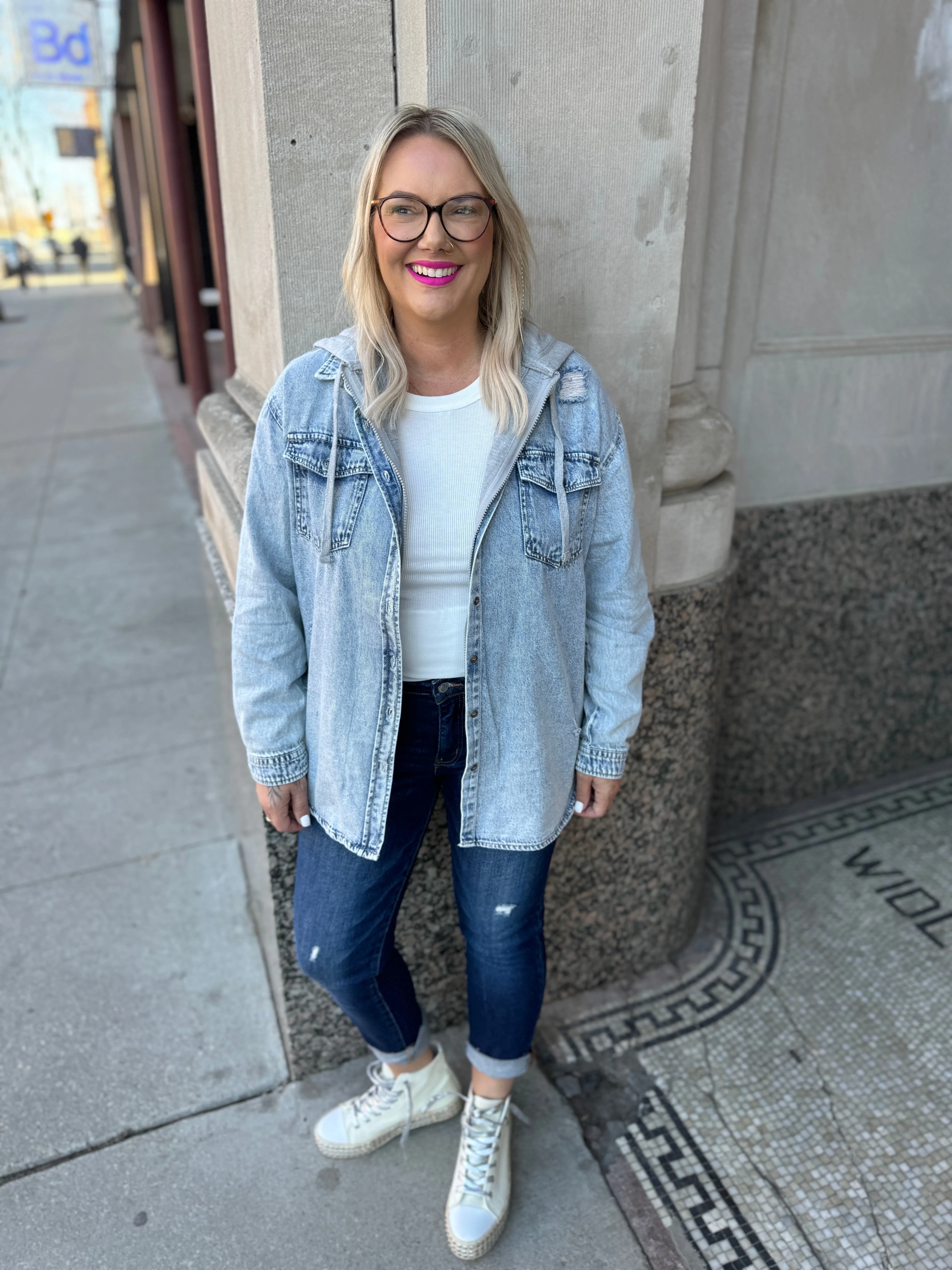 Acid Wash Vintage Denim Shirt with Hoodie Shacket