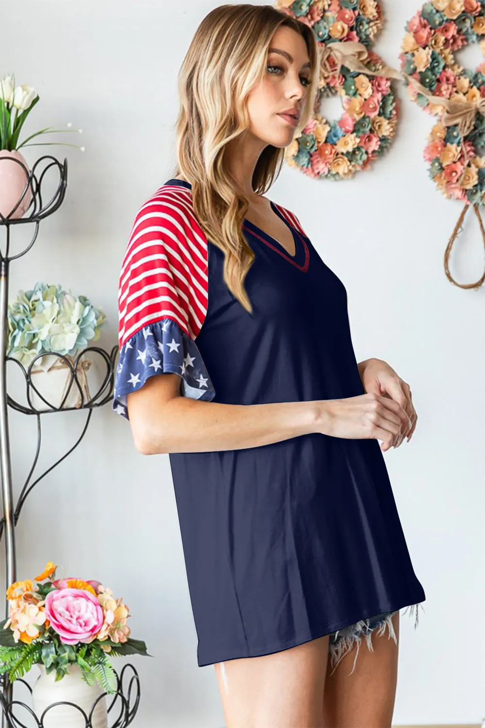 American Flag USA Plus Size V-Neck Flounce Sleeve T-Shirt