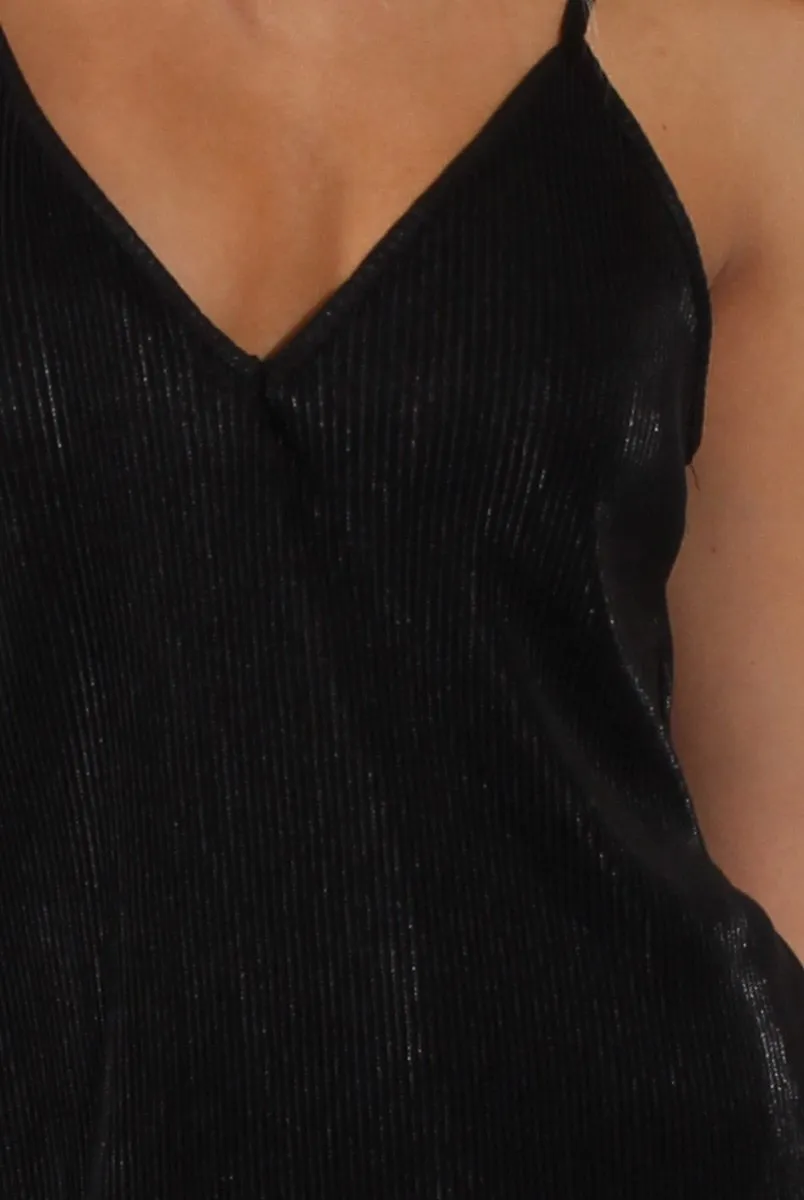 Black Pleated Metallic Slip Dress - Peaches