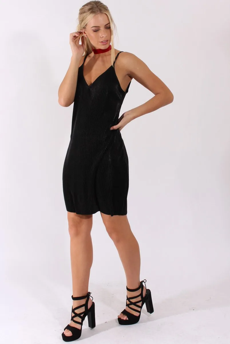 Black Pleated Metallic Slip Dress - Peaches