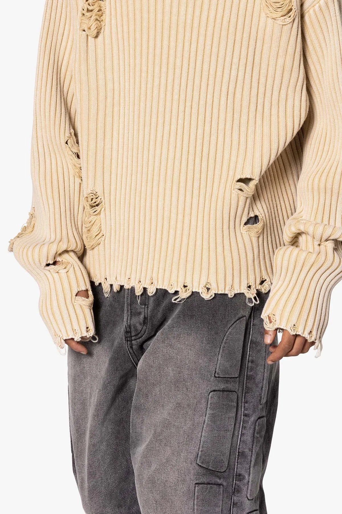 Distressed Crop Knit Sweater - Khaki