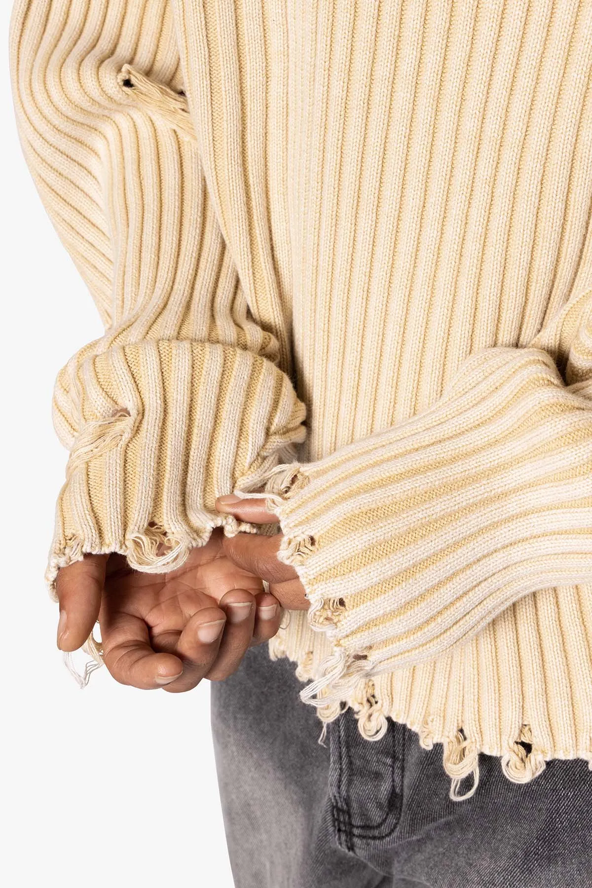 Distressed Crop Knit Sweater - Khaki