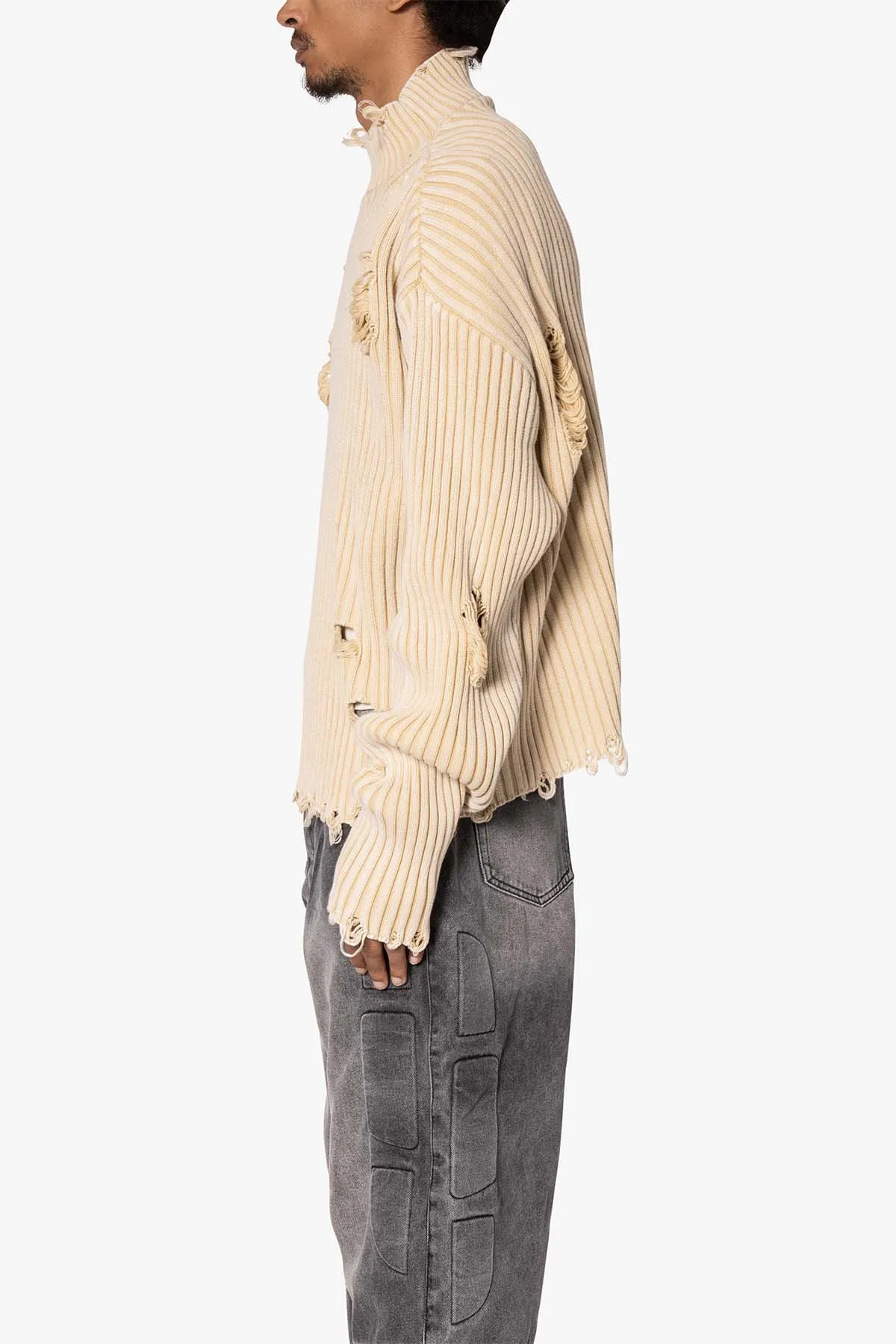 Distressed Crop Knit Sweater - Khaki