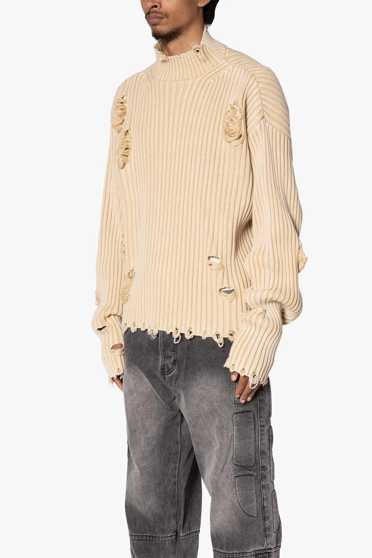 Distressed Crop Knit Sweater - Khaki