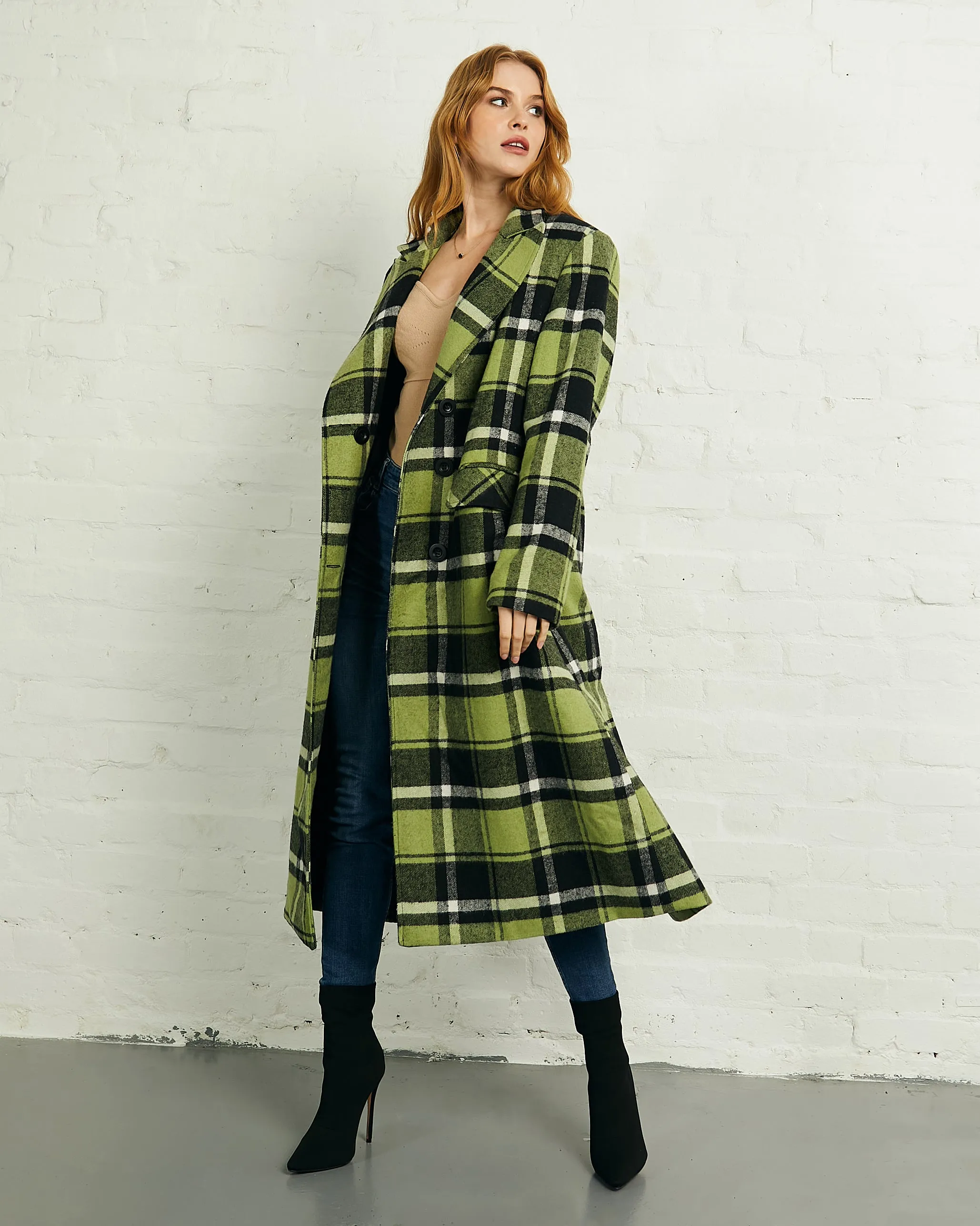 Double Breasted Long Coat in Green Black Check