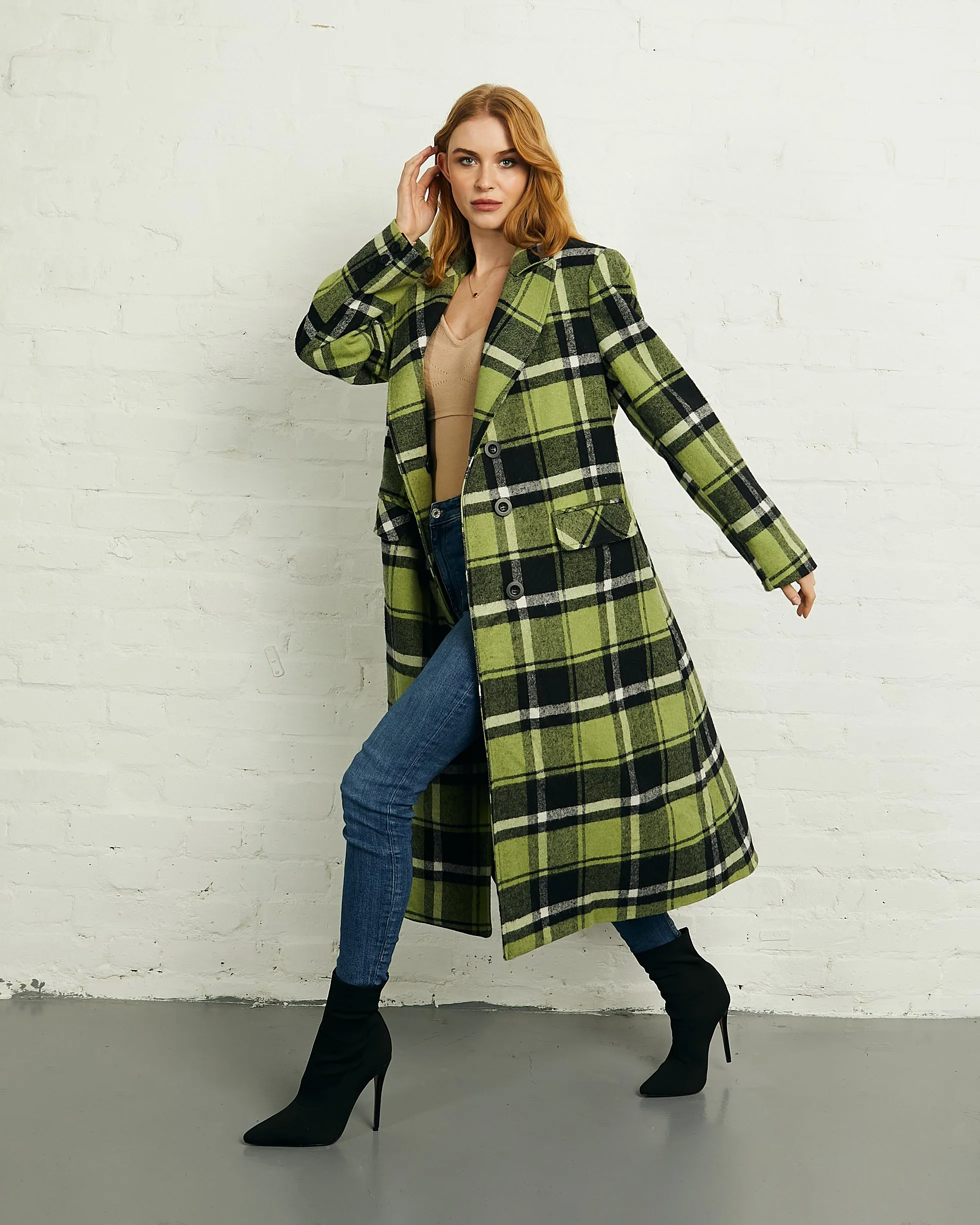 Double Breasted Long Coat in Green Black Check