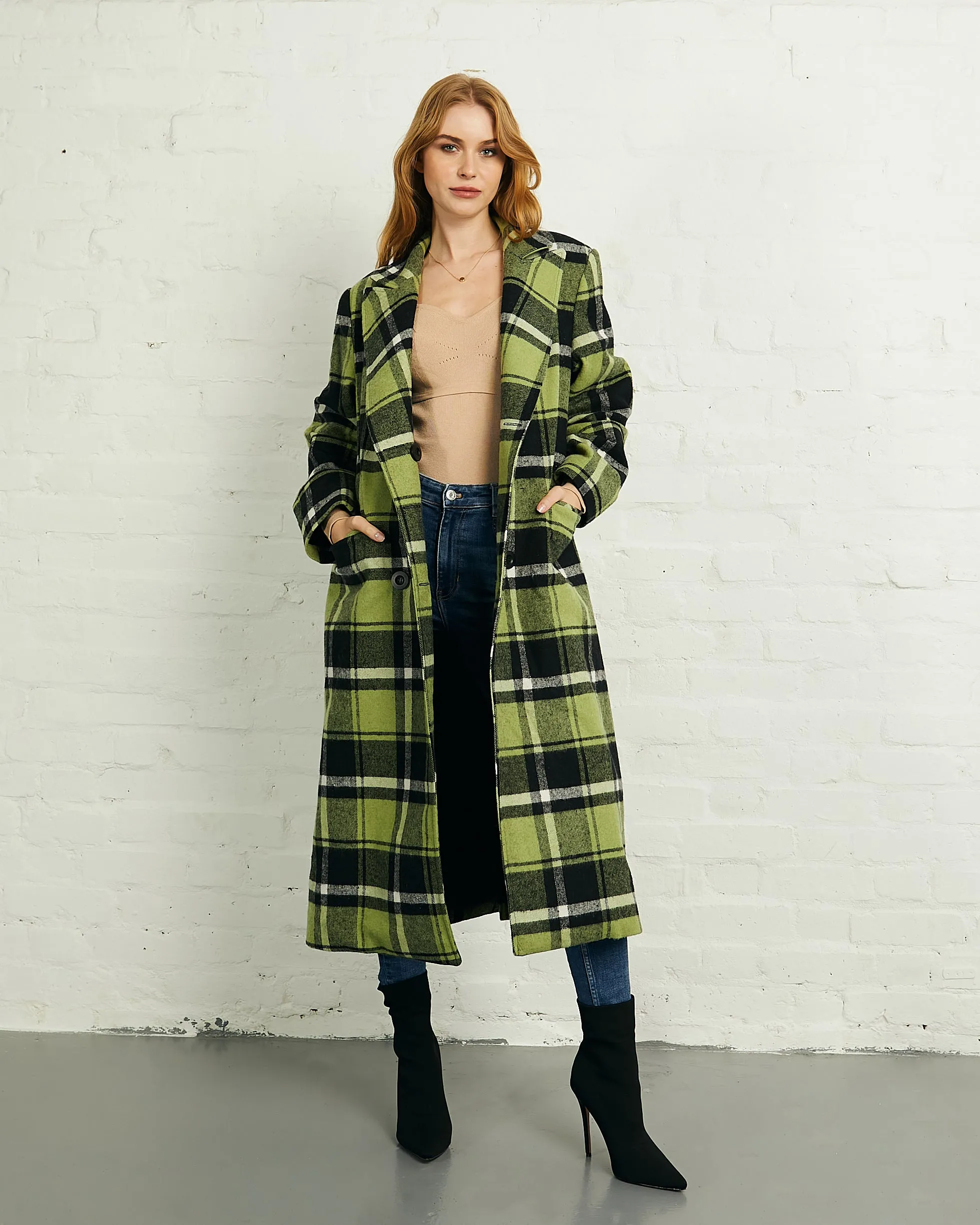 Double Breasted Long Coat in Green Black Check