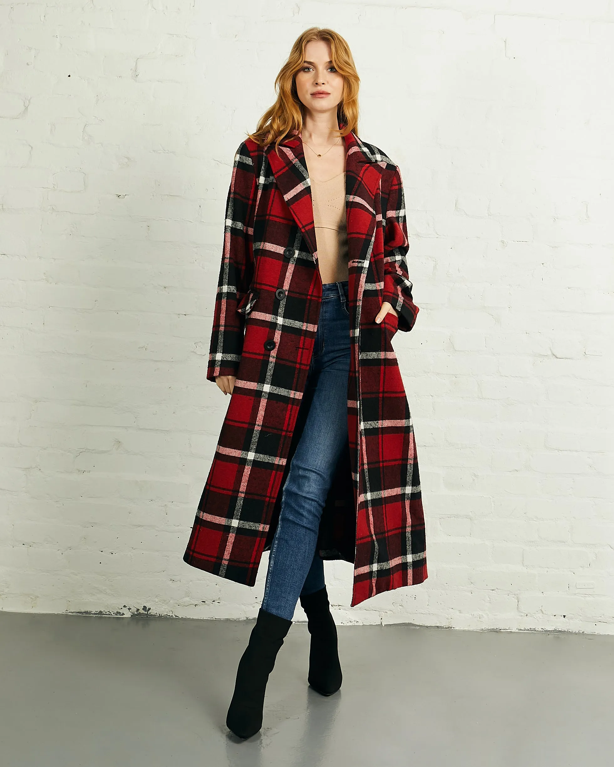 Double Breasted Long Coat in Red Black Check