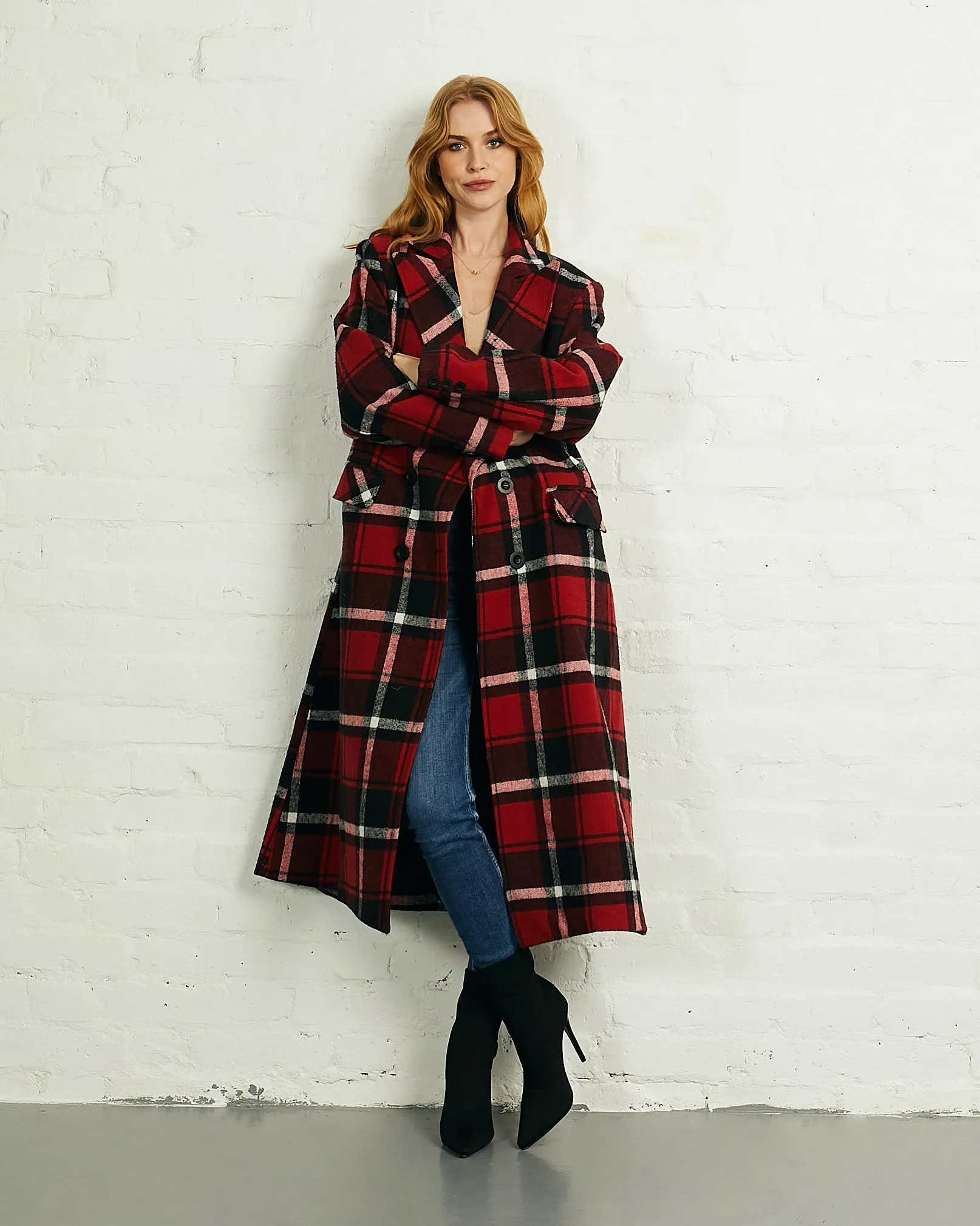 Double Breasted Long Coat in Red Black Check