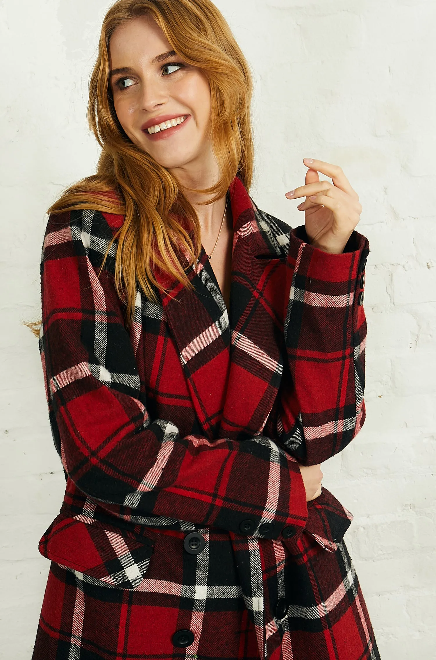 Double Breasted Long Coat in Red Black Check