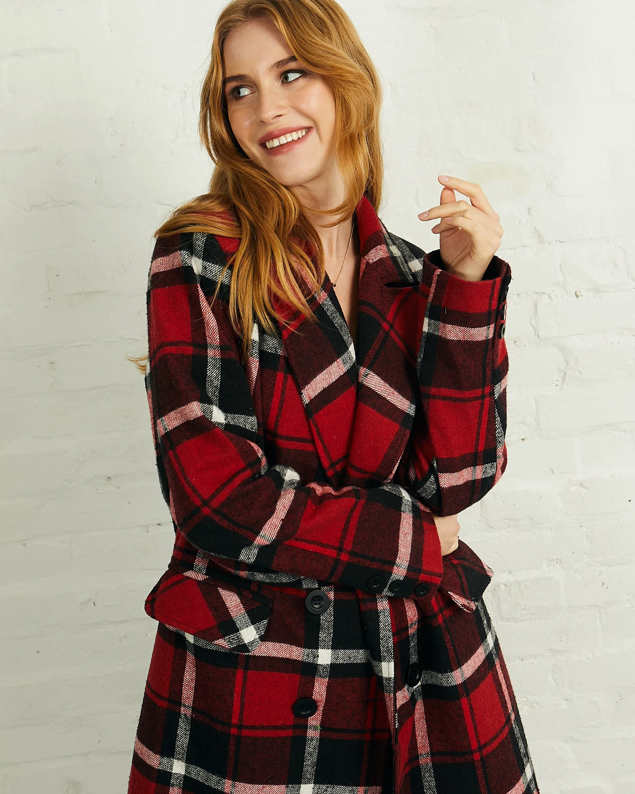 Double Breasted Long Coat in Red Black Check