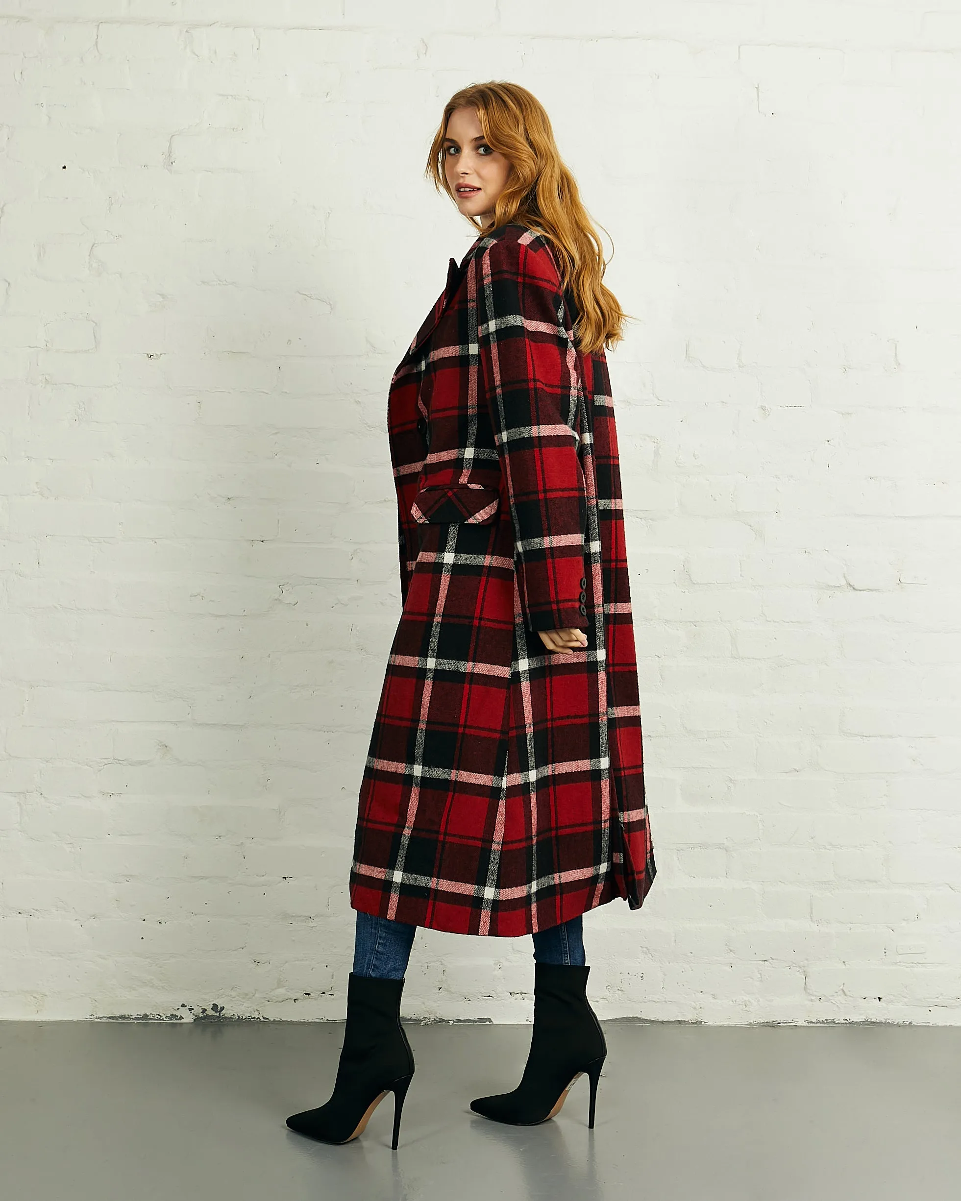Double Breasted Long Coat in Red Black Check