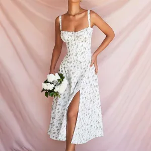 Elegant Square Neck Floral Summer Dress with Side Slip
