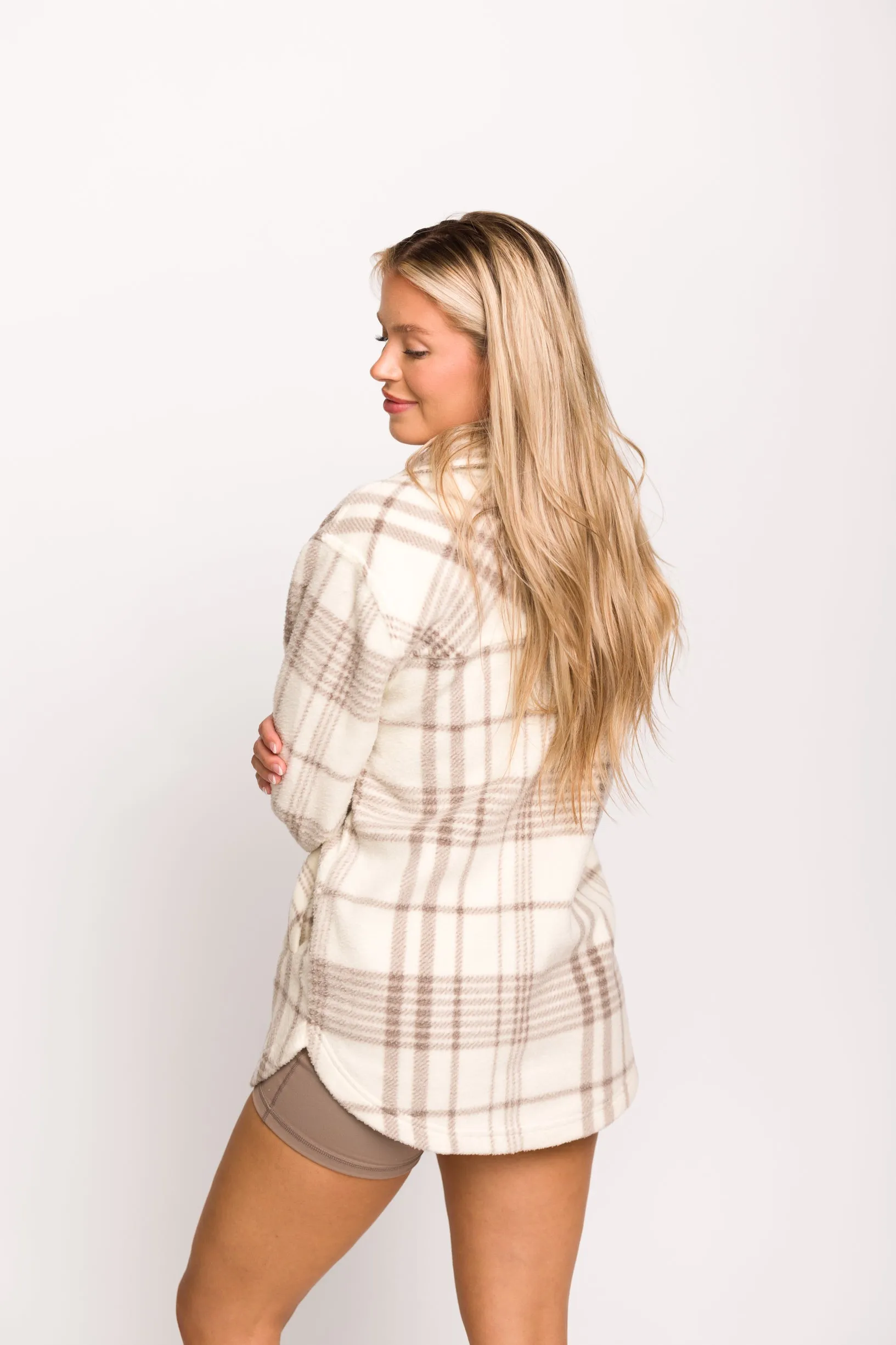 Fall for It Fleece Cozy Shacket in Coconut Ash Plaid