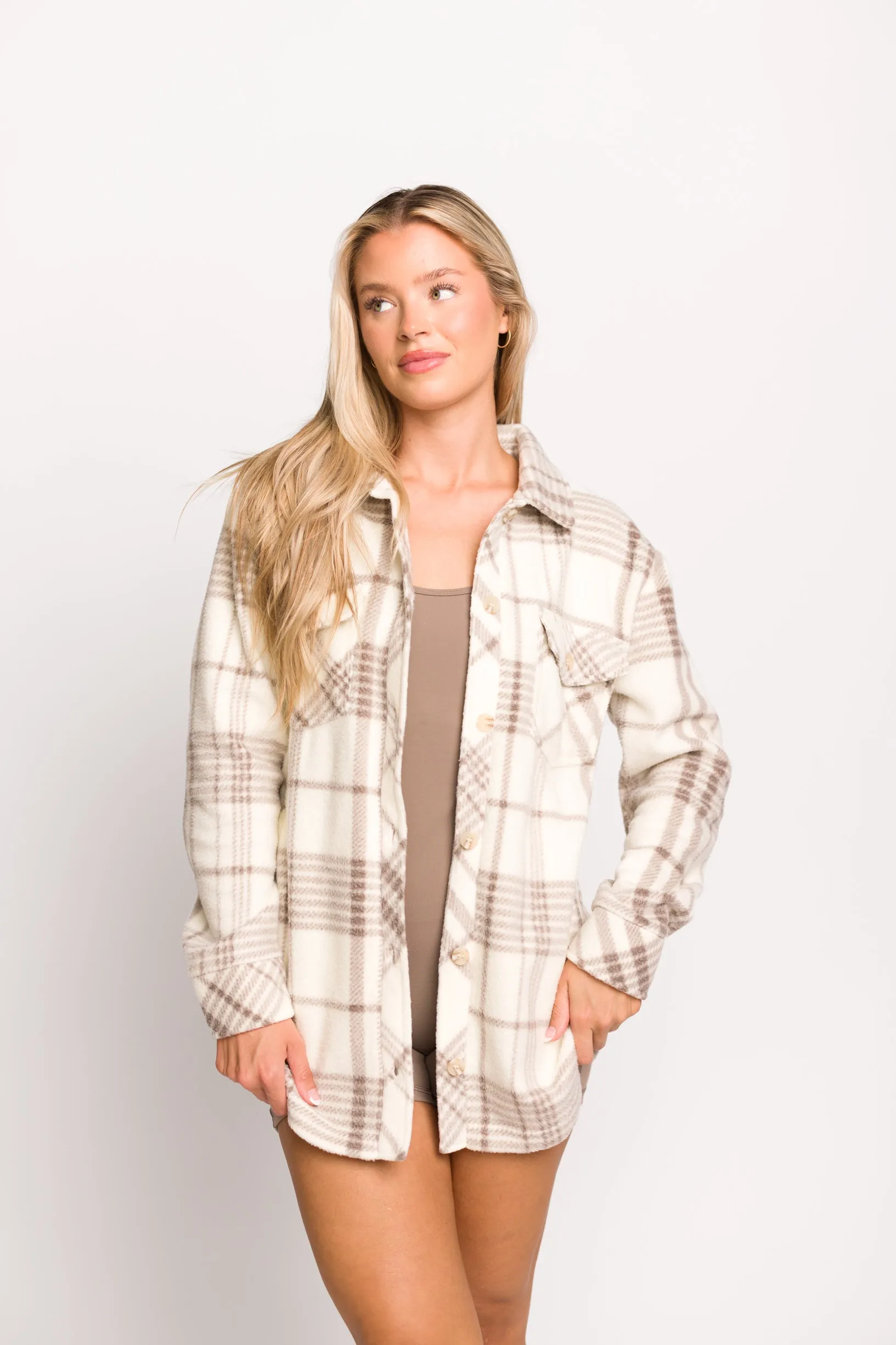 Fall for It Fleece Cozy Shacket in Coconut Ash Plaid