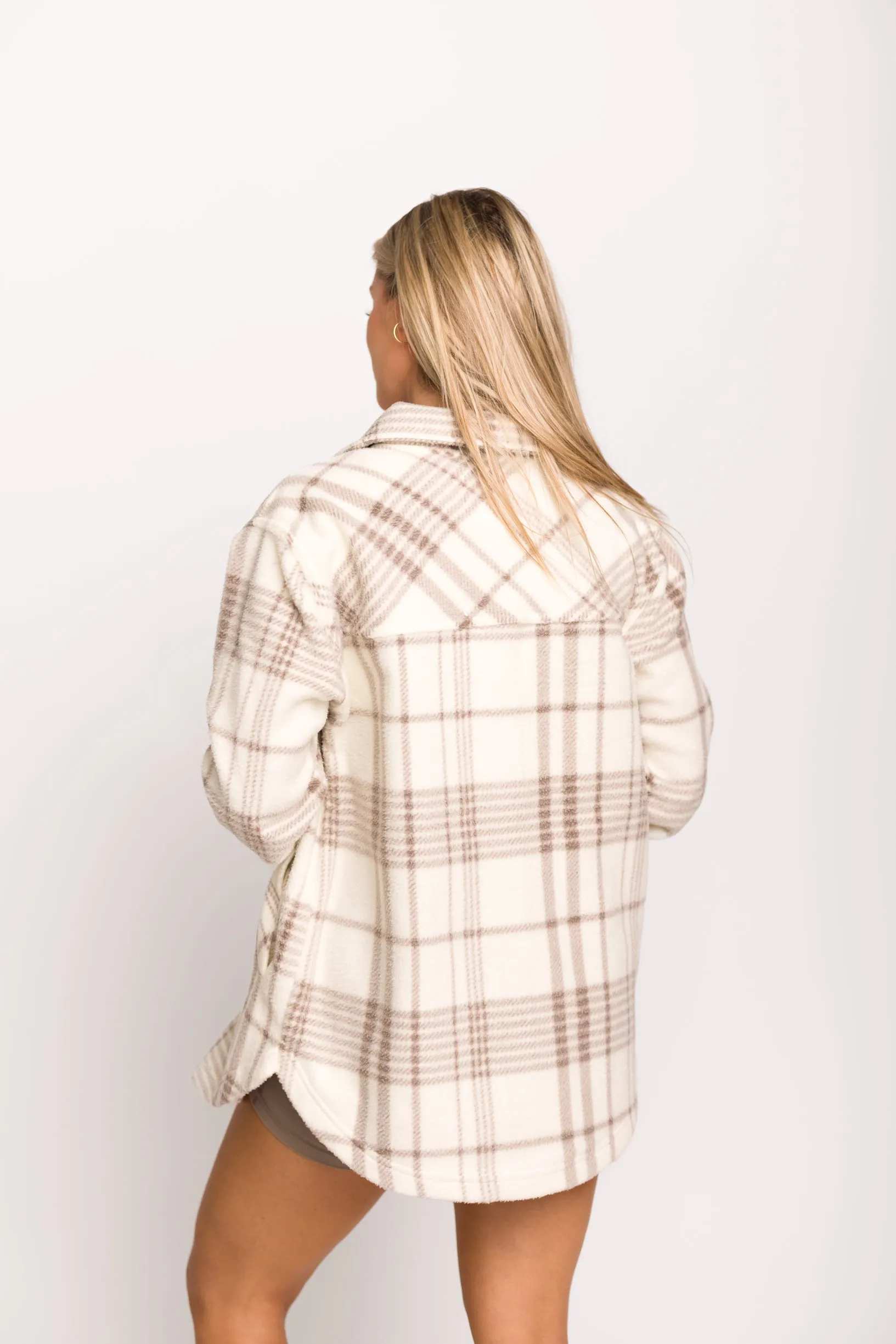 Fall for It Fleece Cozy Shacket in Coconut Ash Plaid