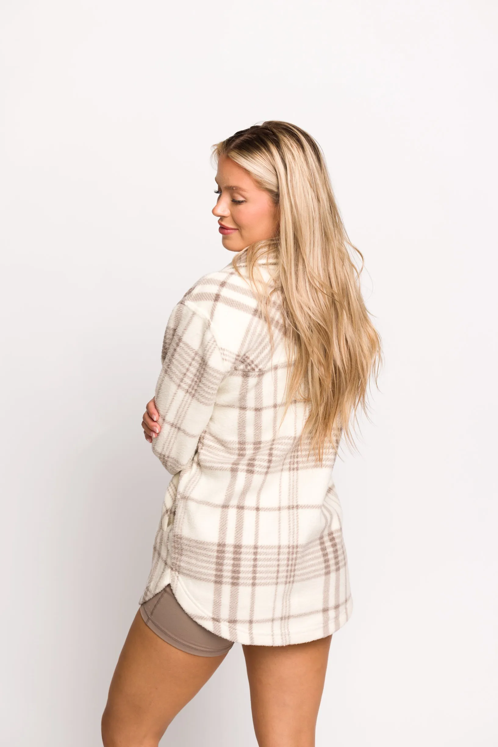 Fall for It Fleece Cozy Shacket in Coconut Ash Plaid