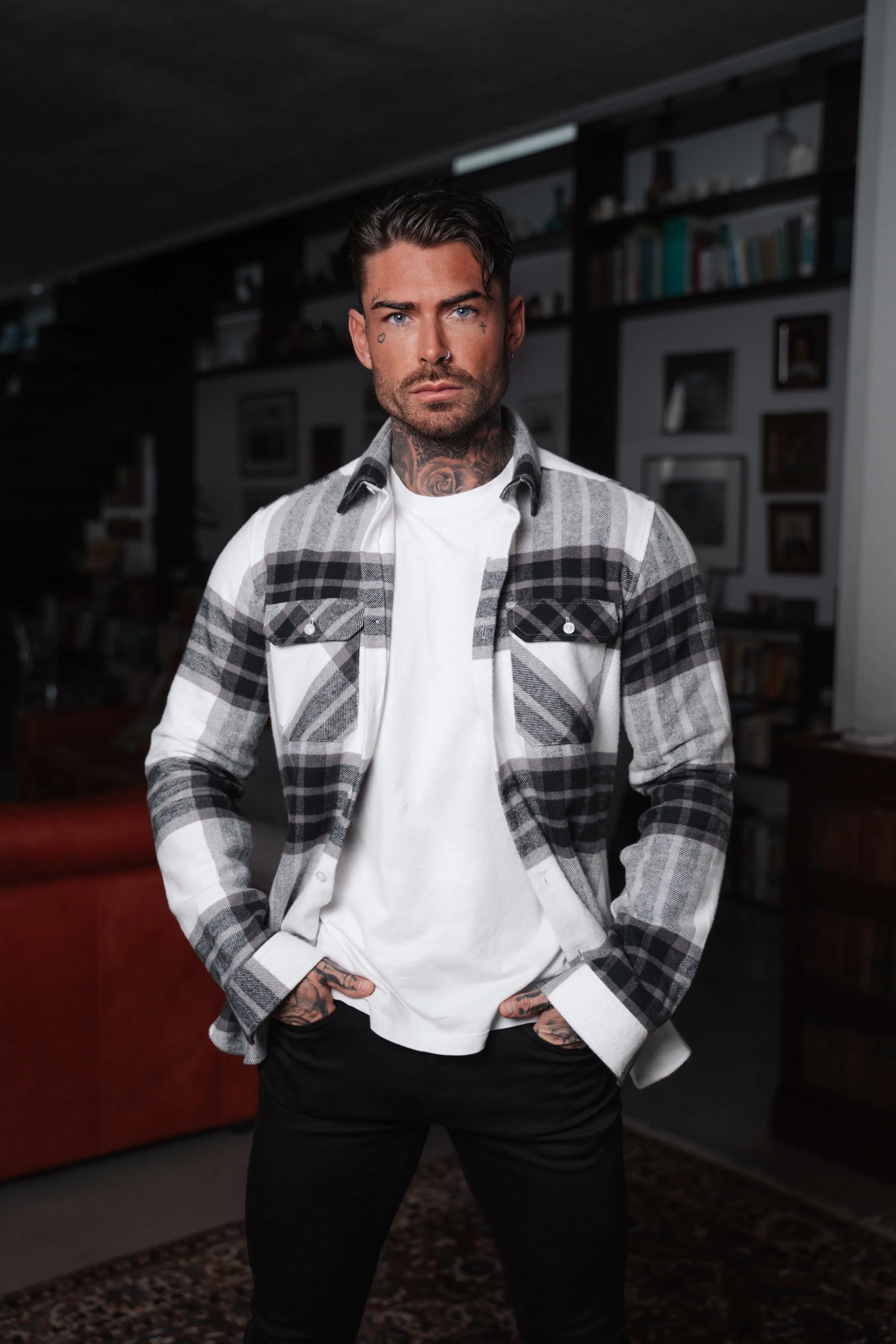 Father Sons Heavy Brushed Off White / Grey Check Shacket With Double Pockets - FS1034