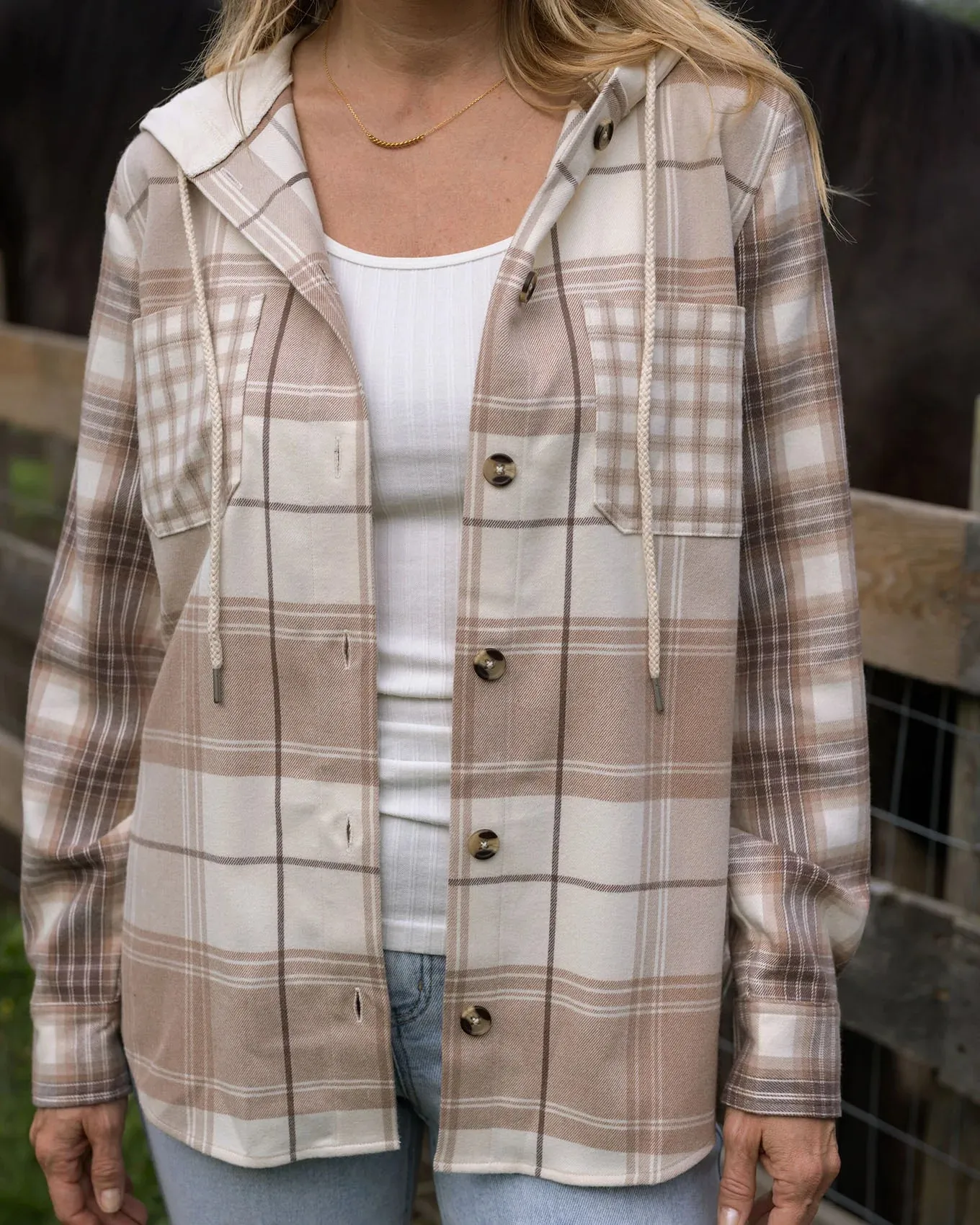 Grace and Lace Stretch Flex Hooded Shacket - Mixed Neutral Plaid