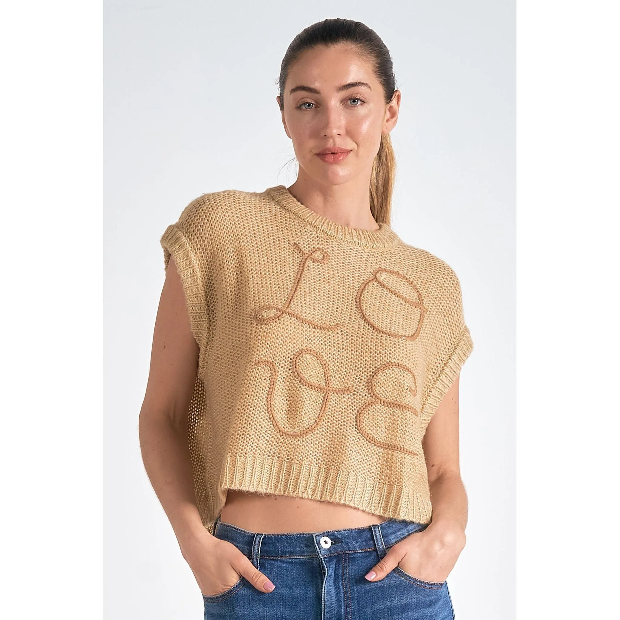 Love Crop Crew Neck Sweater with Cap Sleeves