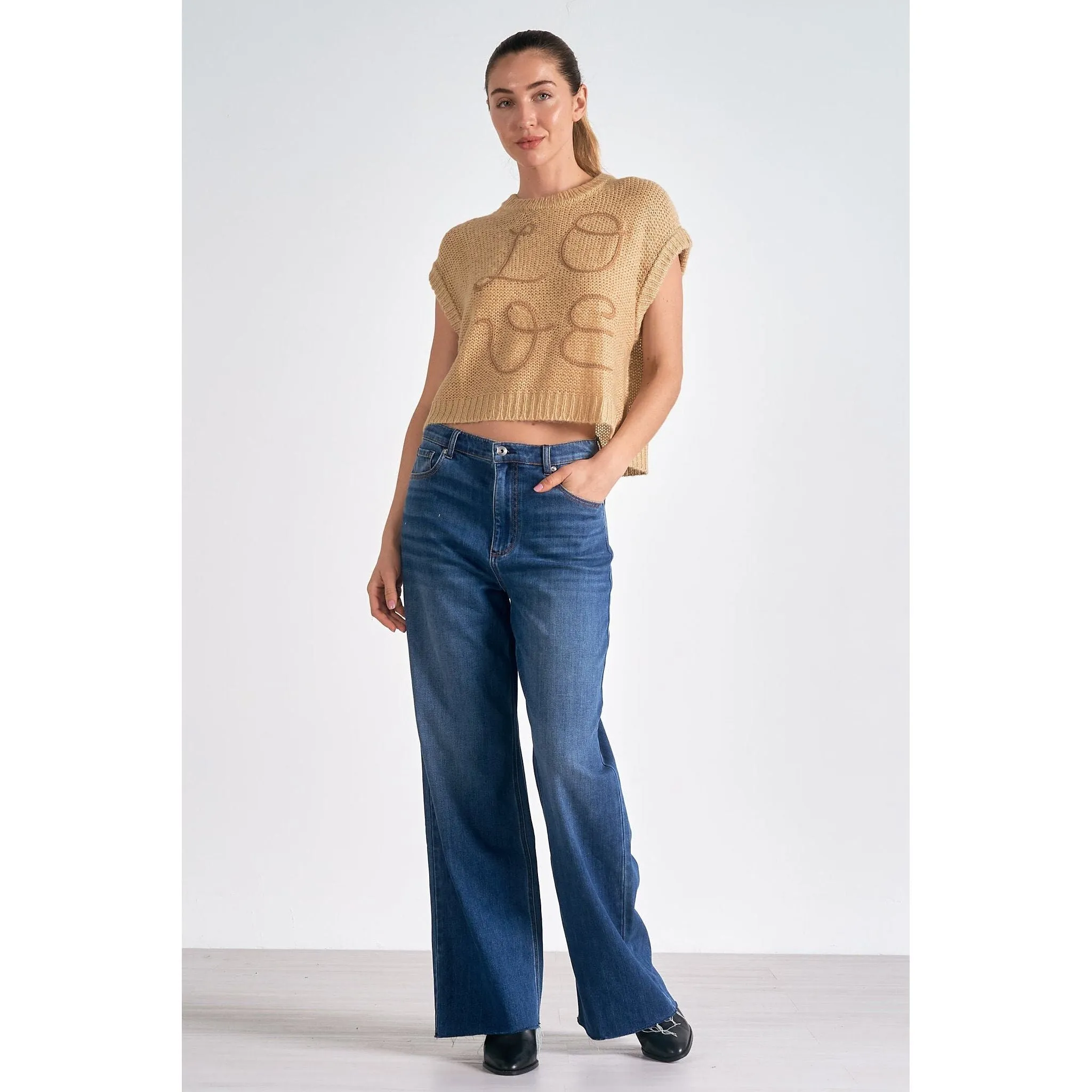 Love Crop Crew Neck Sweater with Cap Sleeves