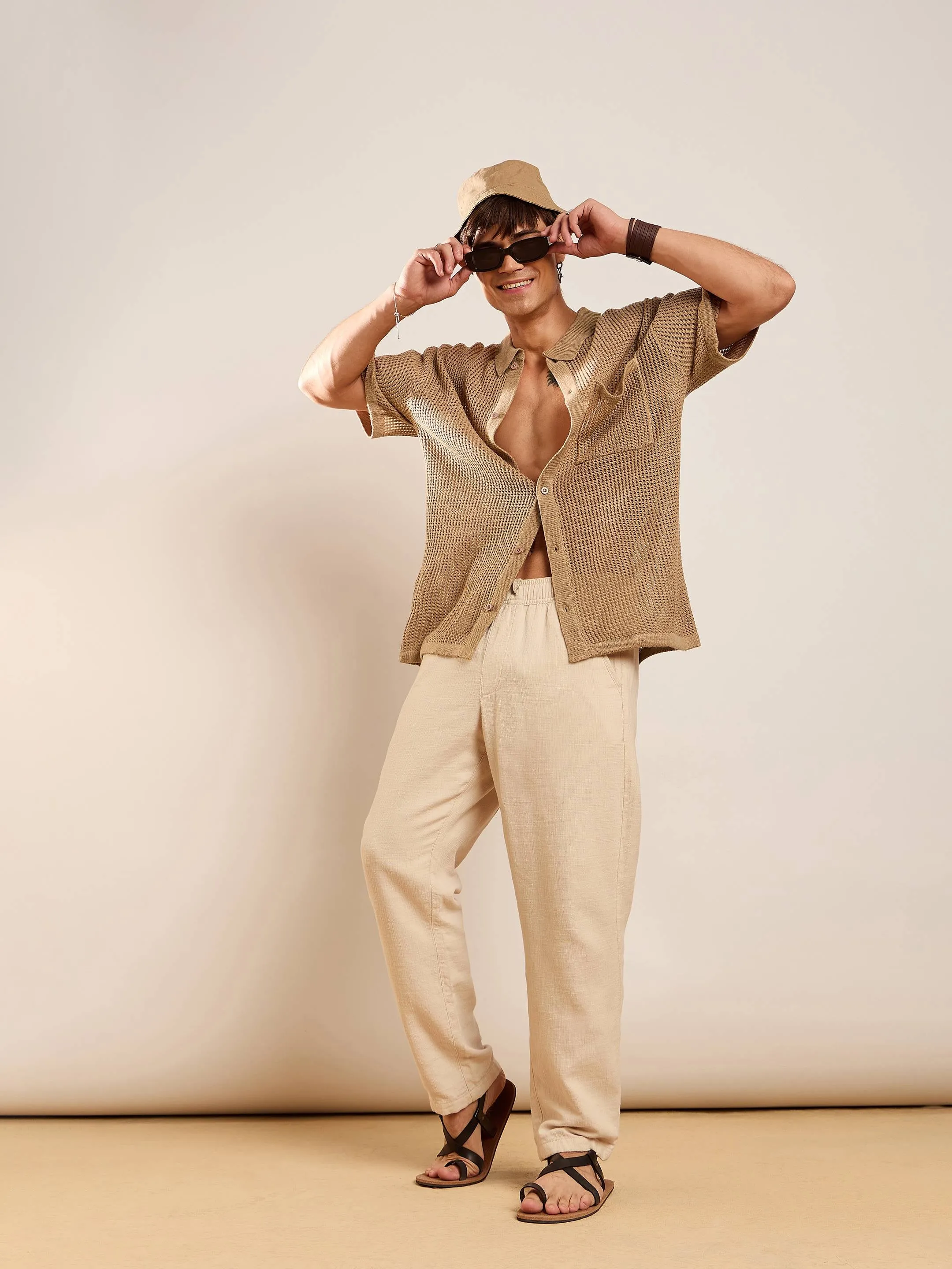 Men Brown Crochet Knit Oversize Shirt