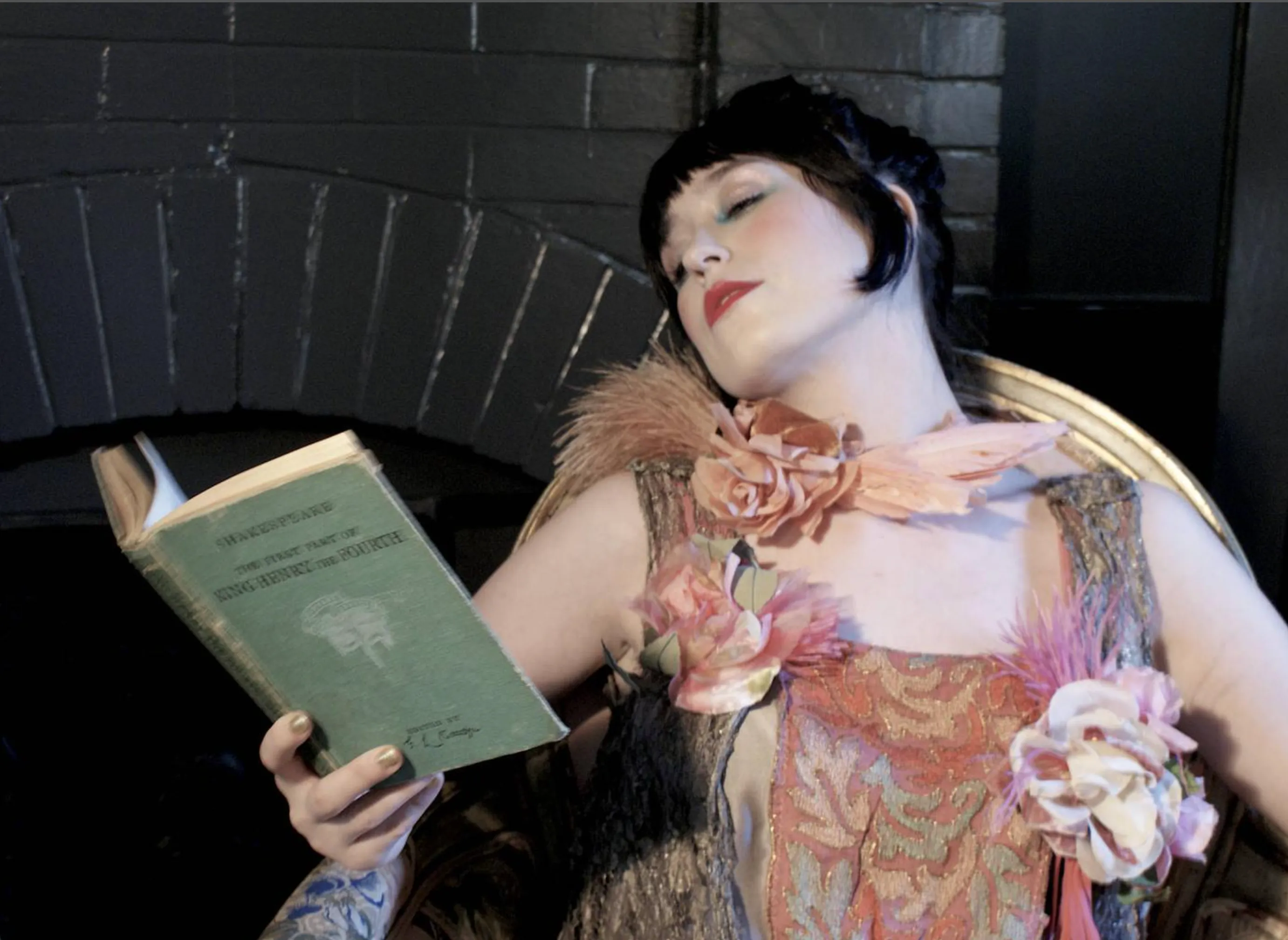 Metallic Lace and Flower Feather dress 20s "Self-love, my liege i not so vile a sin as self neglecting Dauphin in Henry V Shakespeare