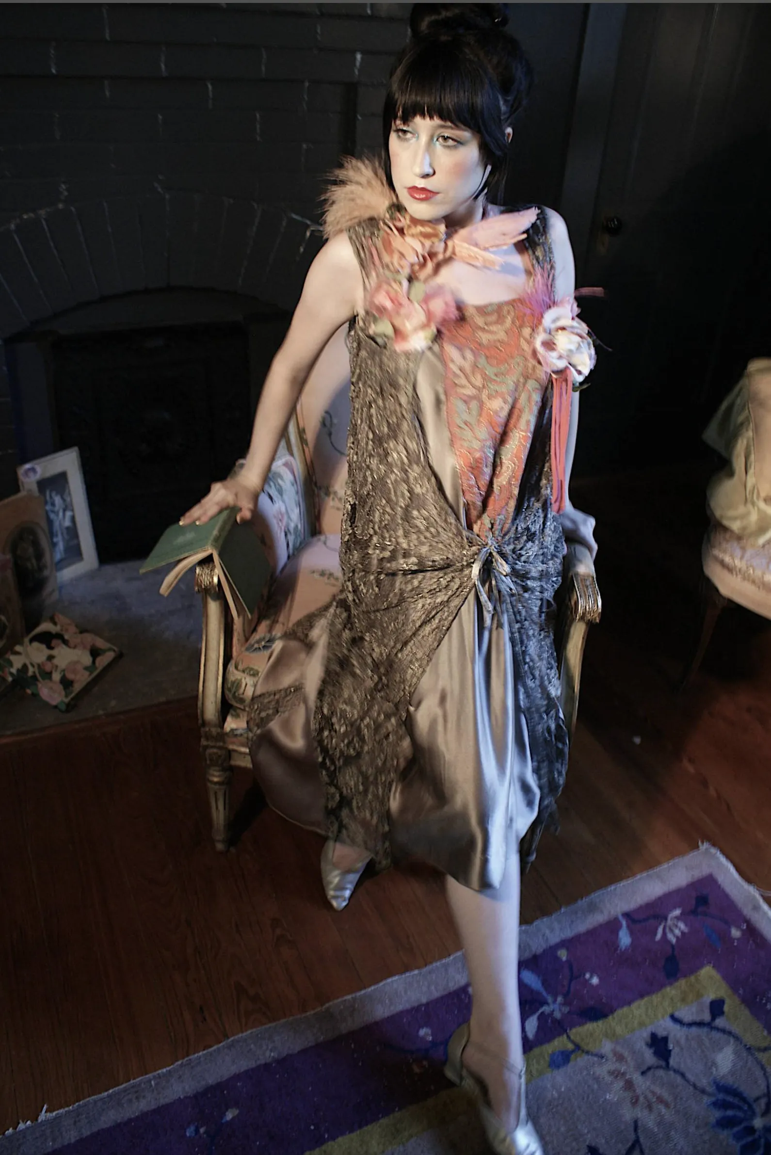 Metallic Lace and Flower Feather dress 20s "Self-love, my liege i not so vile a sin as self neglecting Dauphin in Henry V Shakespeare