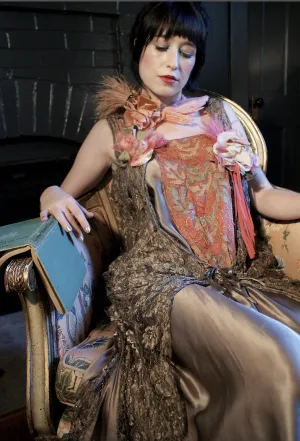 Metallic Lace and Flower Feather dress 20s "Self-love, my liege i not so vile a sin as self neglecting Dauphin in Henry V Shakespeare