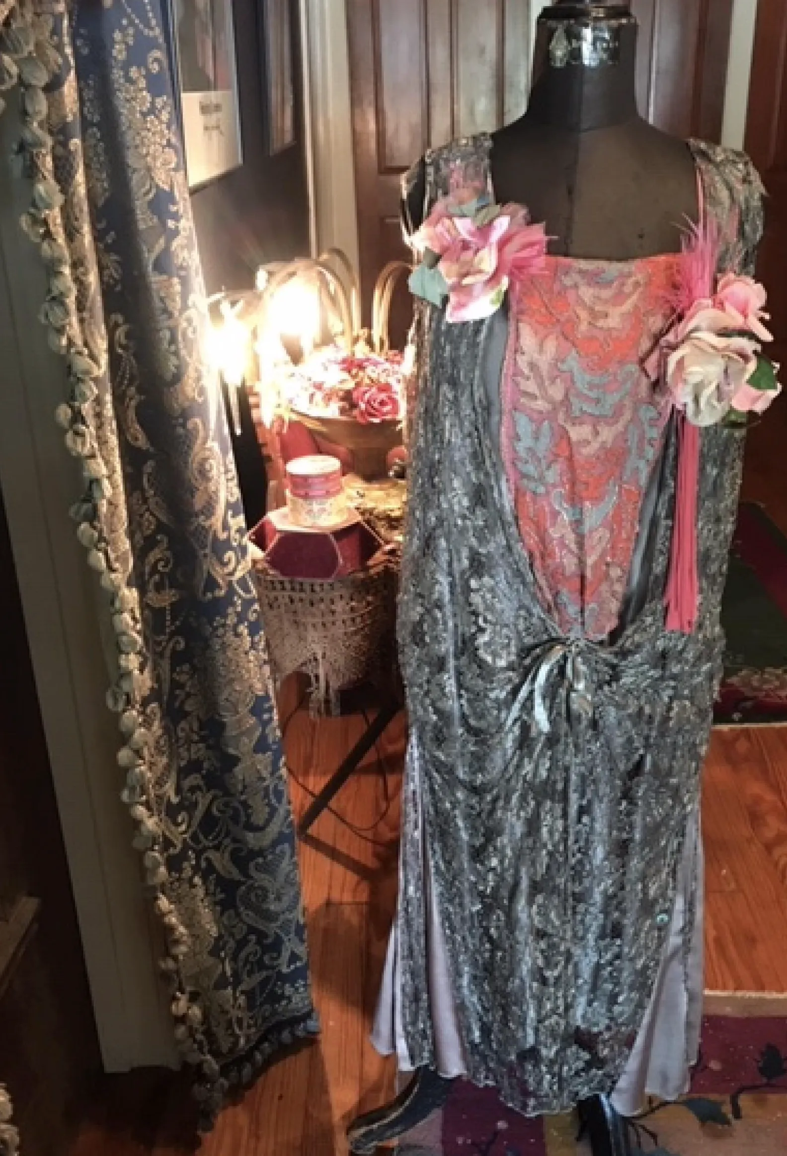 Metallic Lace and Flower Feather dress 20s "Self-love, my liege i not so vile a sin as self neglecting Dauphin in Henry V Shakespeare