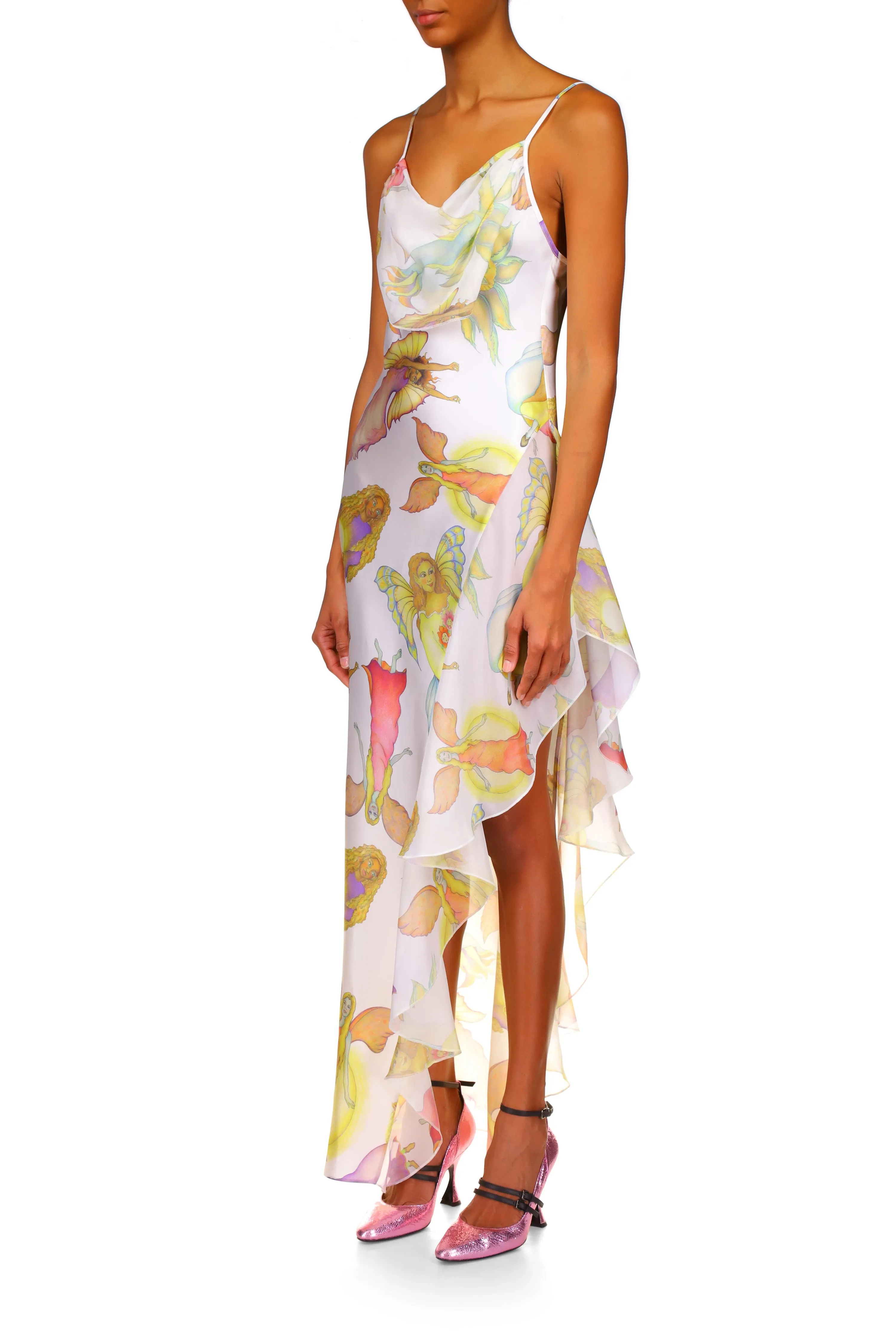 Off White Fairy Printed Silk Chiffon And Satin Asymetrical Cowl Neck Gown