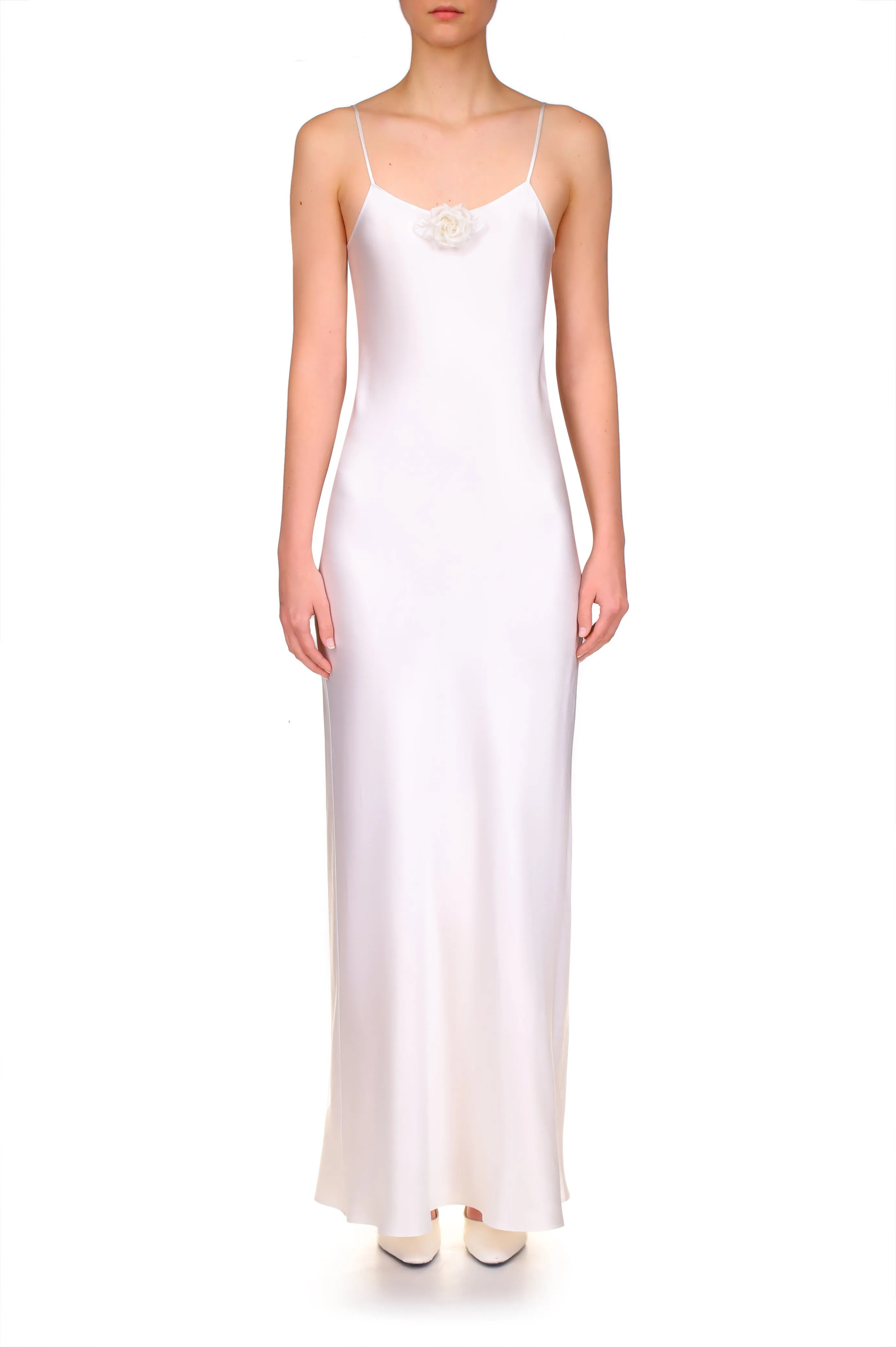 Off White Silk Satin Bias Slip Gown With Silk Flower