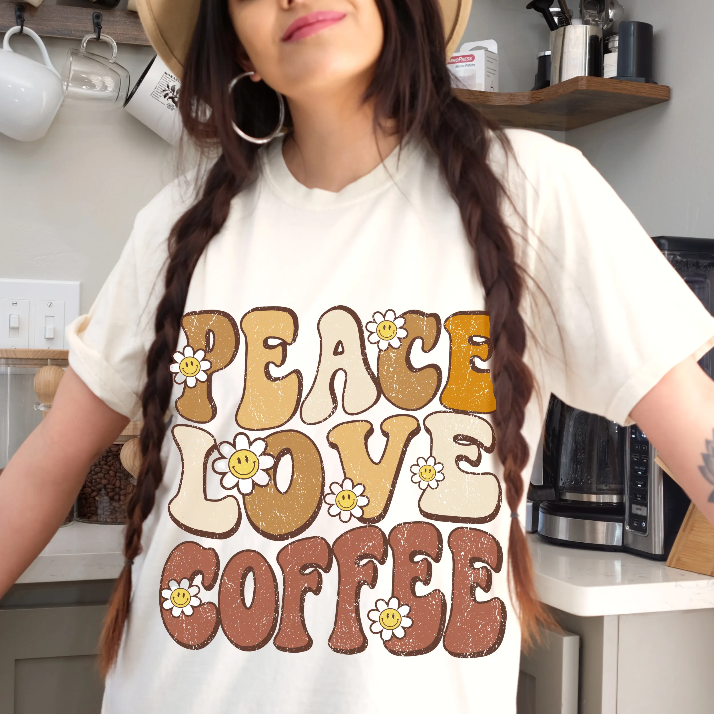 Peace Love Coffee Bella Canvas Unisex Jersey Short Sleeve Tee Trendy Vintage Inspired Design T-Shirt Gift for Coffee Lover