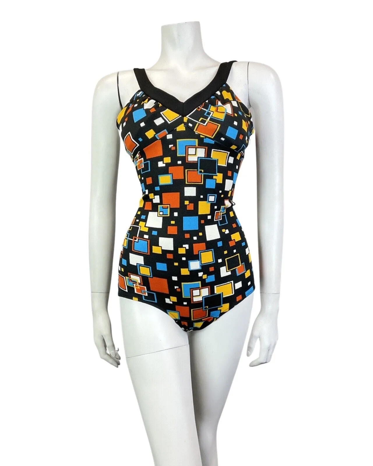VINTAGE 60s 70s BLACK BLUE YELLOW GEOMETRIC SQUARE MOD SWIMSUIT BODYSUIT 10