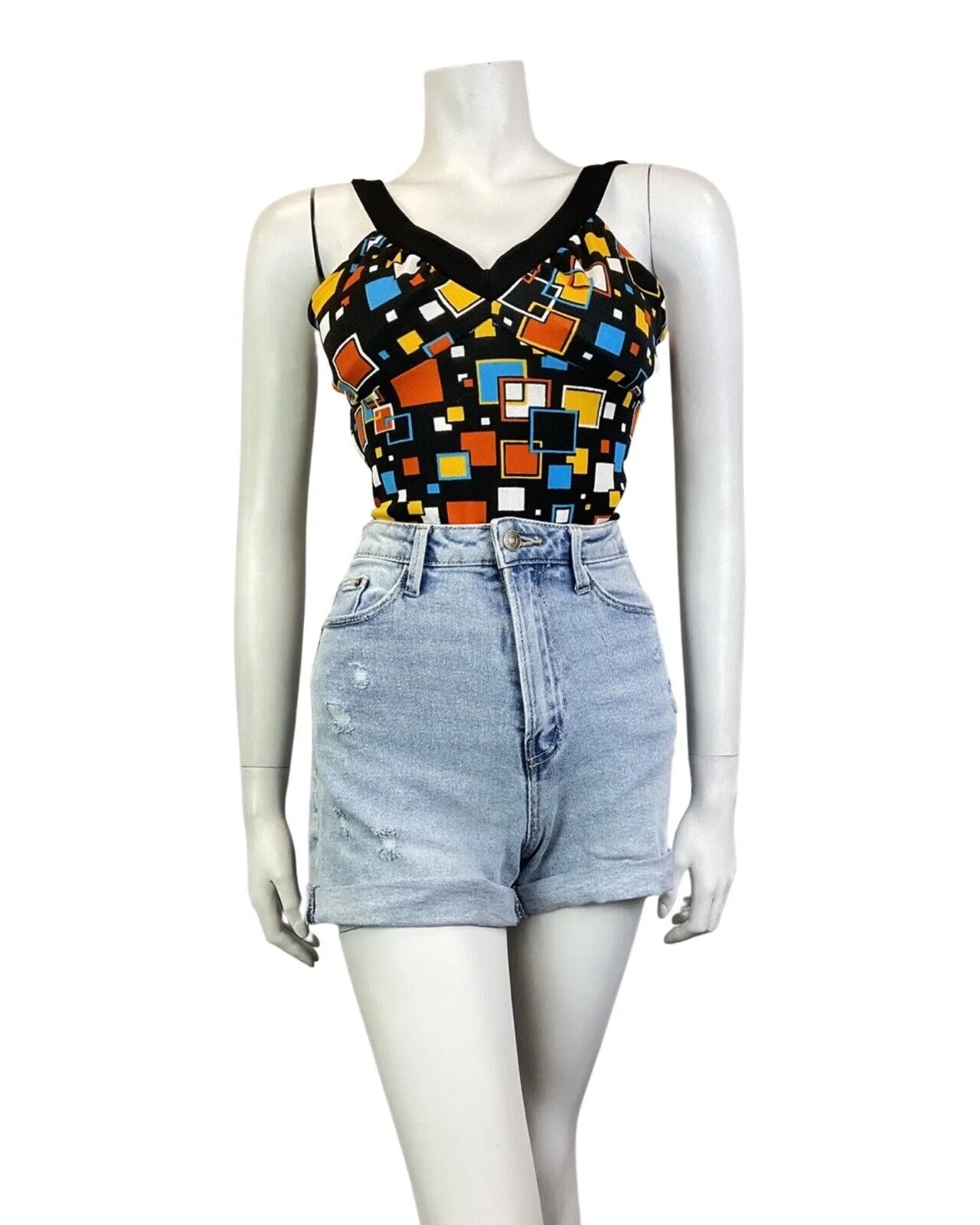 VINTAGE 60s 70s BLACK BLUE YELLOW GEOMETRIC SQUARE MOD SWIMSUIT BODYSUIT 10