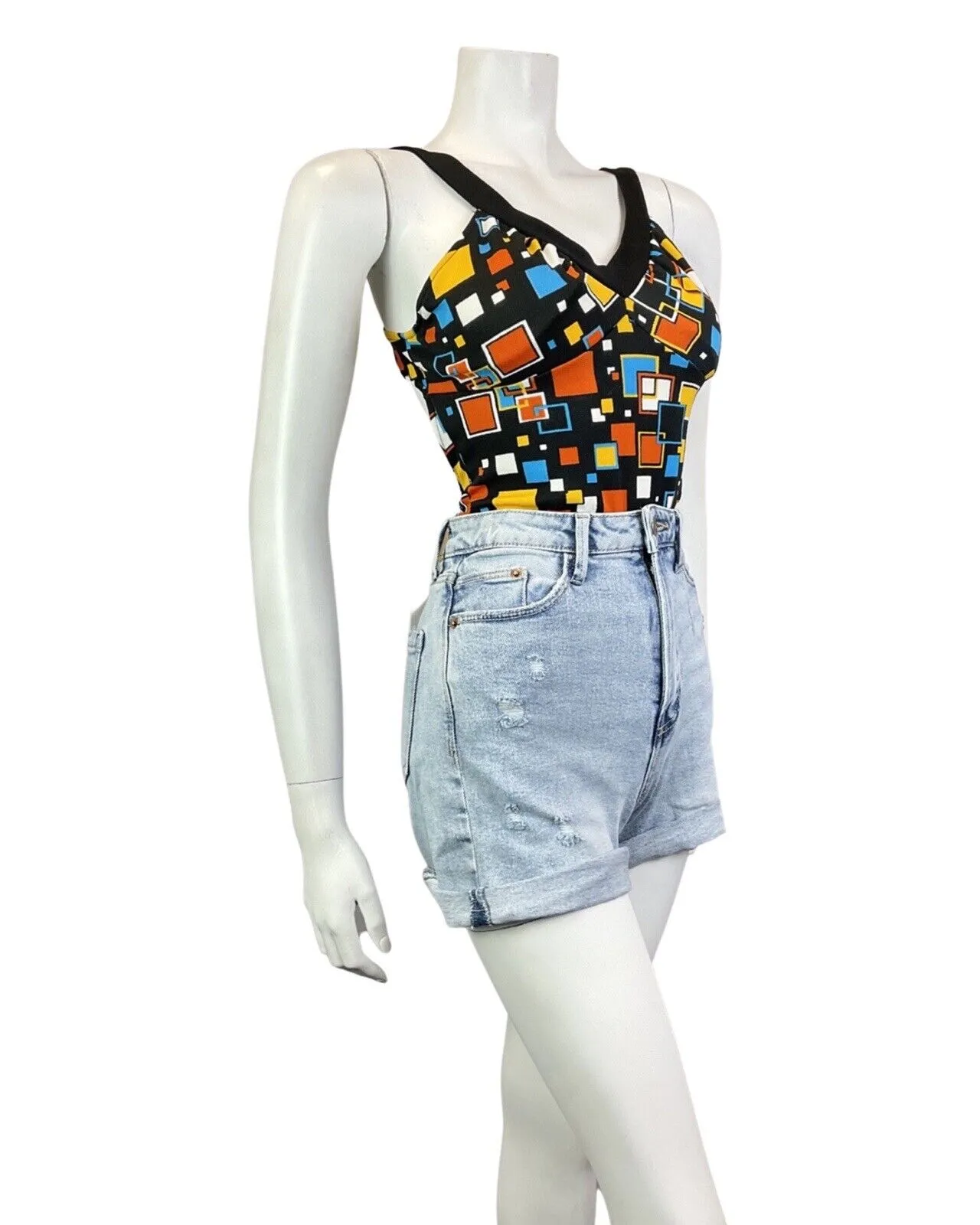 VINTAGE 60s 70s BLACK BLUE YELLOW GEOMETRIC SQUARE MOD SWIMSUIT BODYSUIT 10