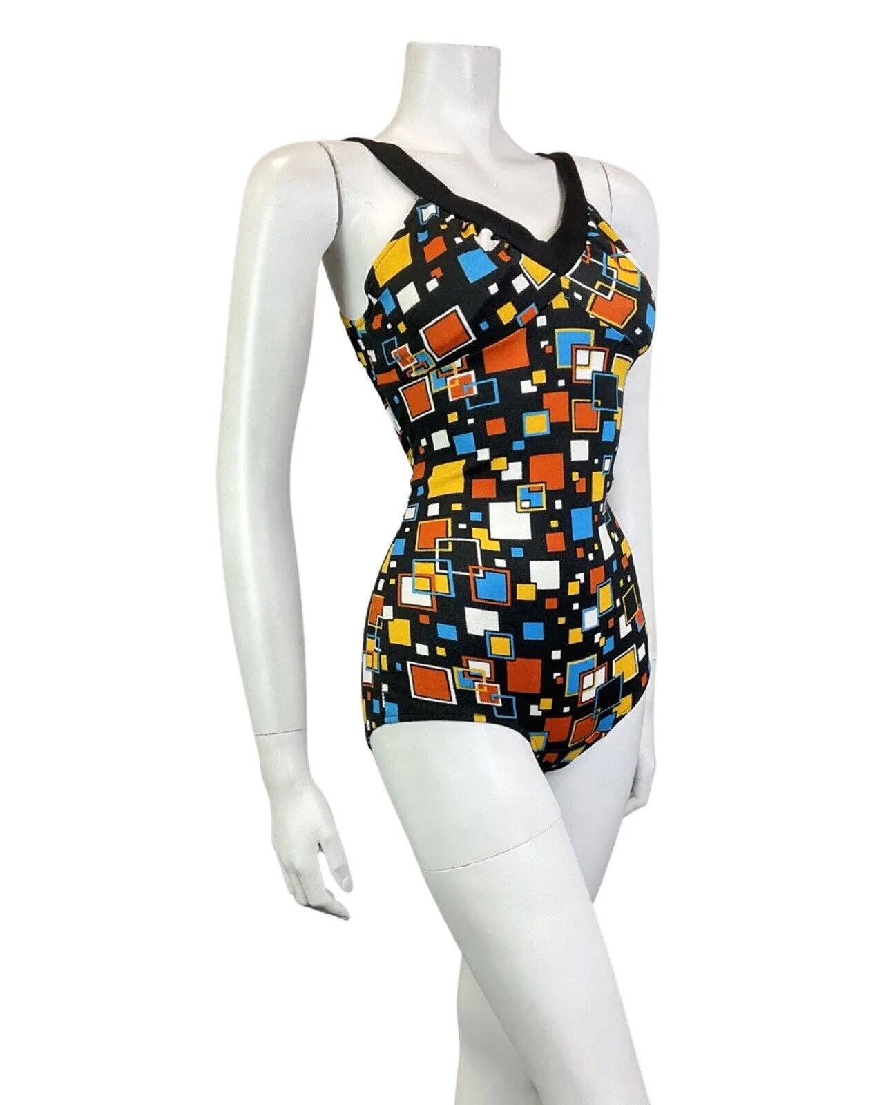 VINTAGE 60s 70s BLACK BLUE YELLOW GEOMETRIC SQUARE MOD SWIMSUIT BODYSUIT 10