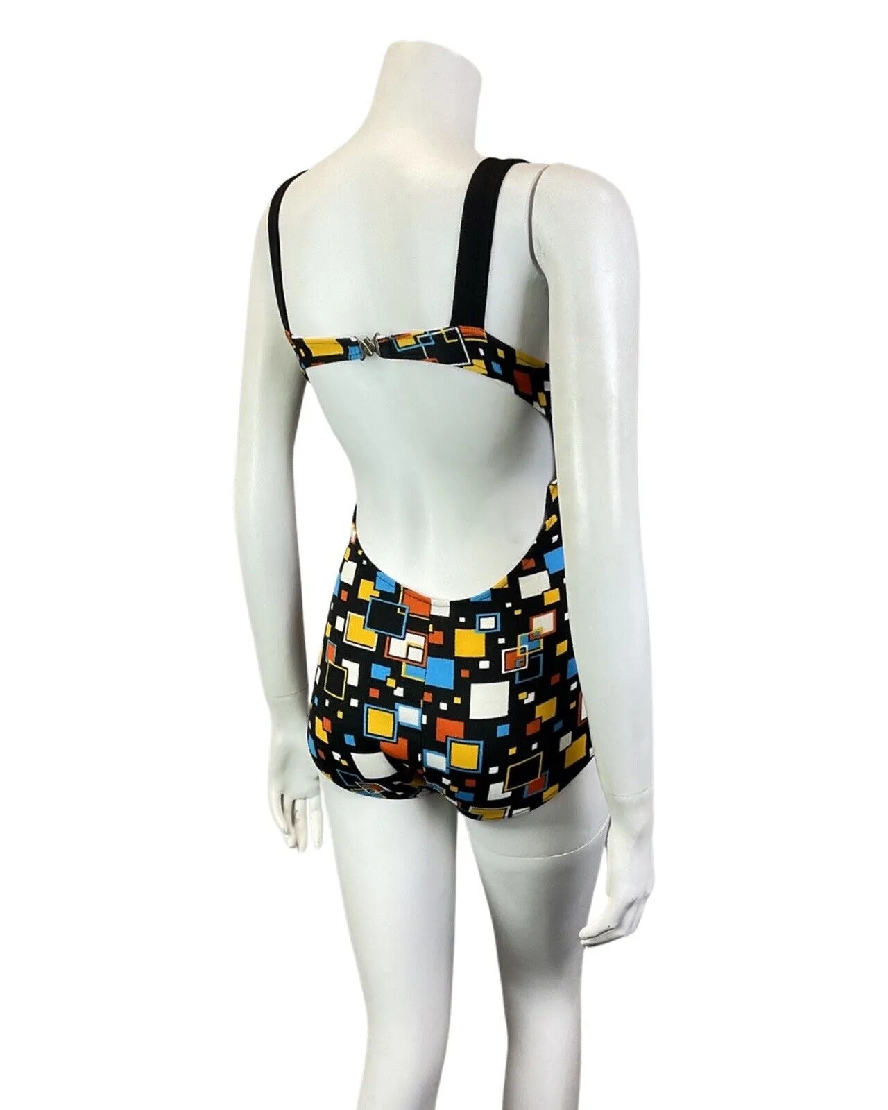 VINTAGE 60s 70s BLACK BLUE YELLOW GEOMETRIC SQUARE MOD SWIMSUIT BODYSUIT 10